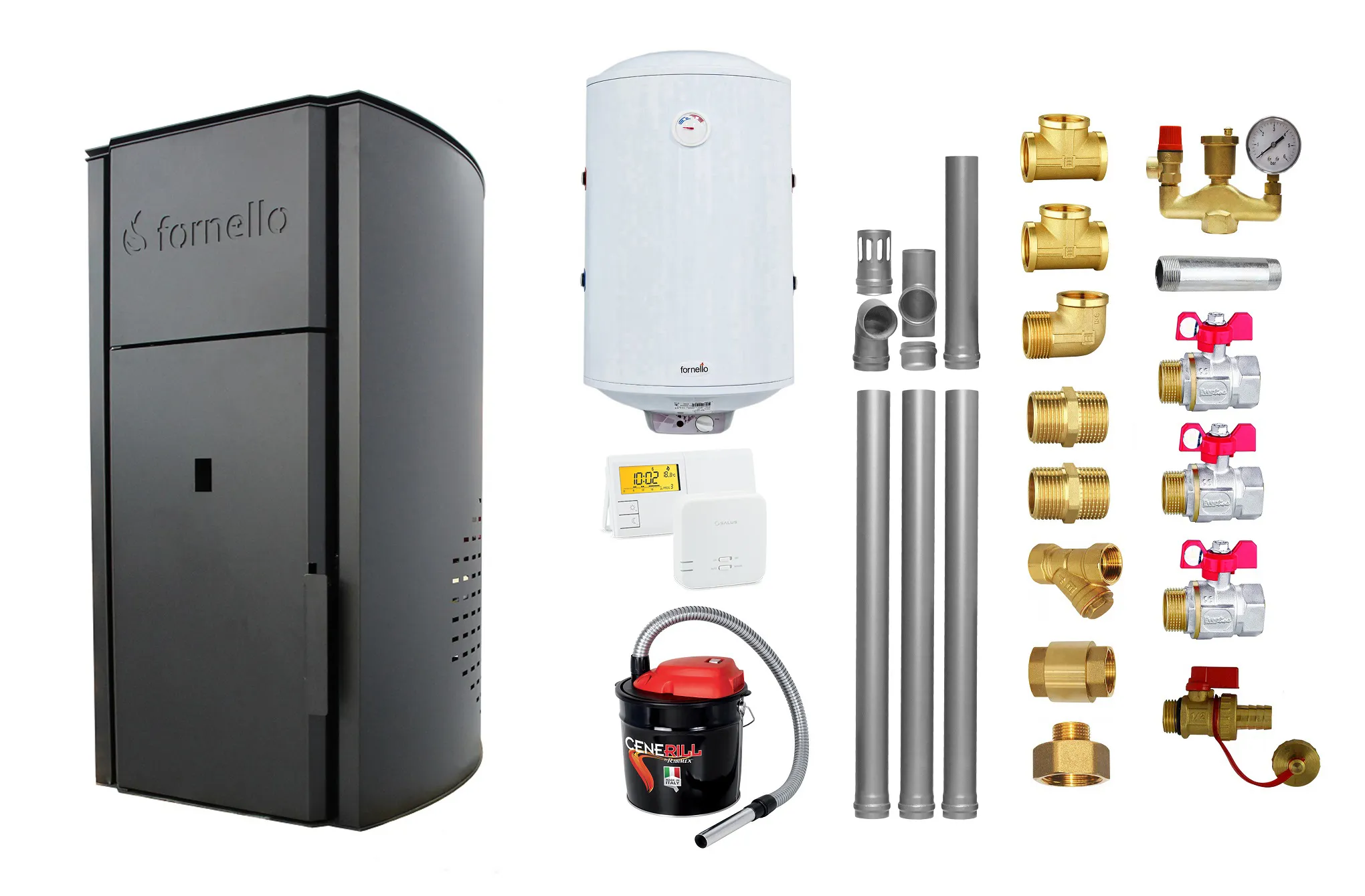 Pachet Centrala peleti Fornello Royal B 25 kw, complet echipata pentru  incalzire,  pompa circulatie, vas  expansiune,  automatizare, kit evacuare 3.5 ml, Boiler Termoelectric Fornello 100 l, Termostat Salus 091FLRFV2, Aspirator si kit montaj