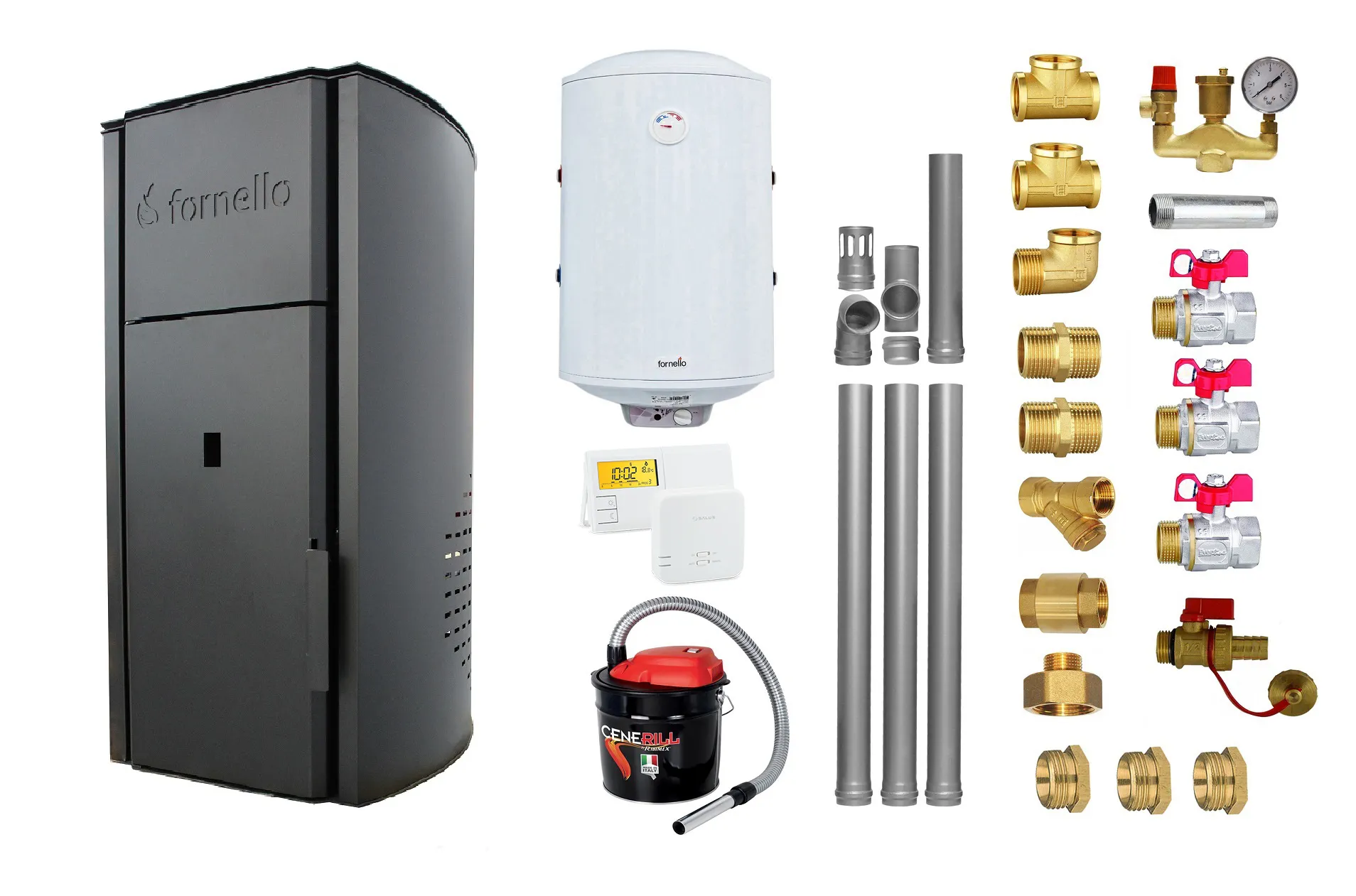 Pachet Centrala peleti Fornello Royal Black 30 kw, complet echipata pentru incalzire, pompa circulatie, vas expansiune, automatizare, kit evacuare 3.5 ml, Boiler Termoelectric Fornello 100 l, Termostat Salus 091FLRFV2, Aspirator si kit montaj