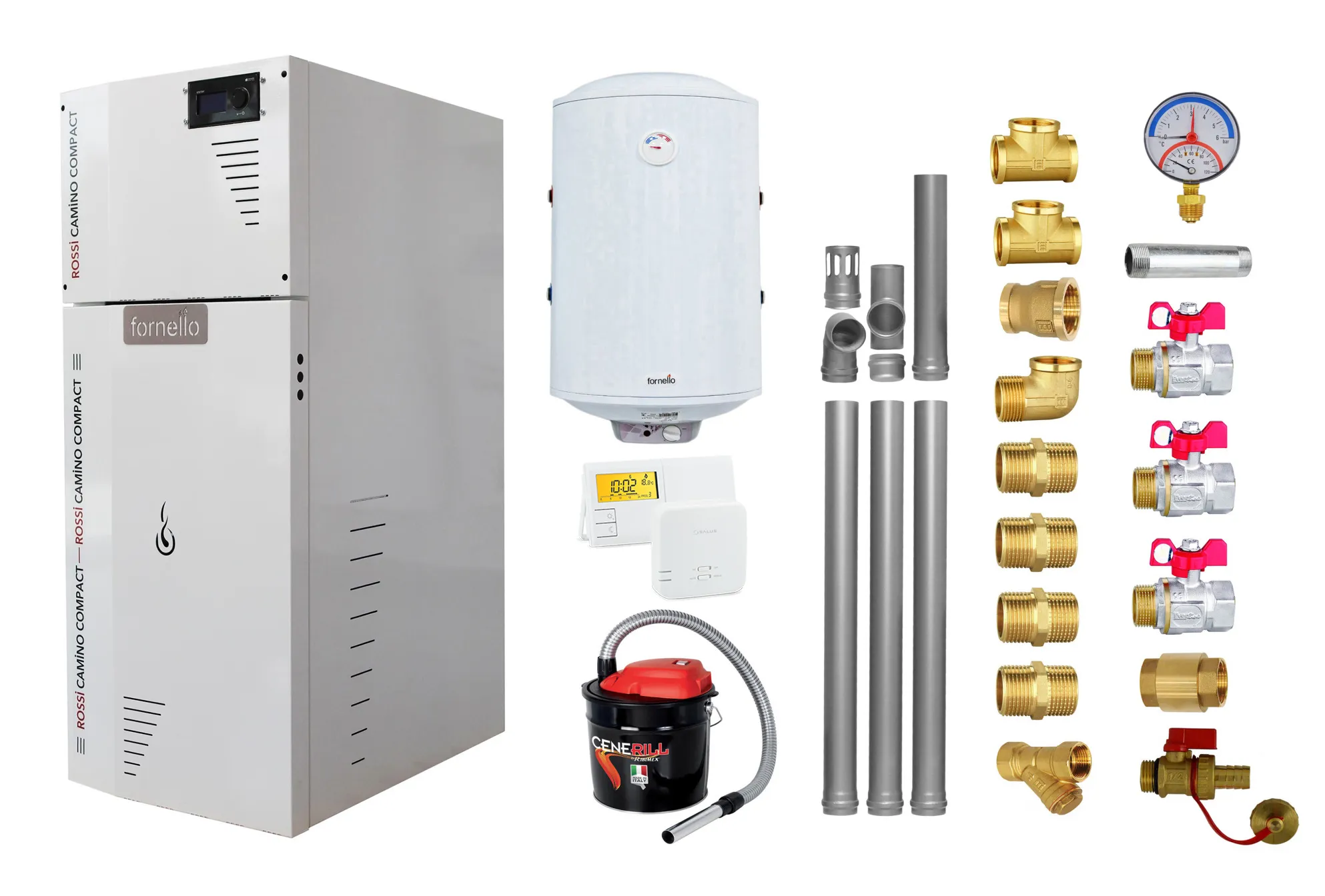 Pachet Centrala termica compacta pe peleti Fornello Rossi Camino Compact 25 kw, pompa de circulatie, vas expansiune, tiraj fortat, Ecodesign, A+, Kit evacuare 3.5 ml, Boiler Termoelectric Fornello 100 l, Termostat Salus 091FLRFV2, Aspirator si Kit mo