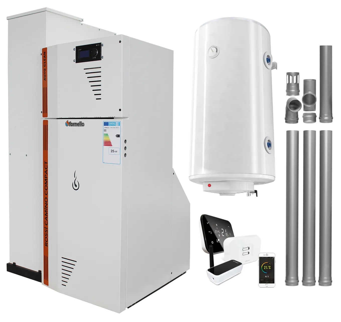 Pachet Centrala termica compacta pe peleti Fornello Rossi Camino Compact Automatic 25 kw, boiler, kit evacuare, pompa de circulatie, vas expansiune, tiraj fortat, curatare automata a arzatorului si a drumurilor de fum, Ecodesign, A+