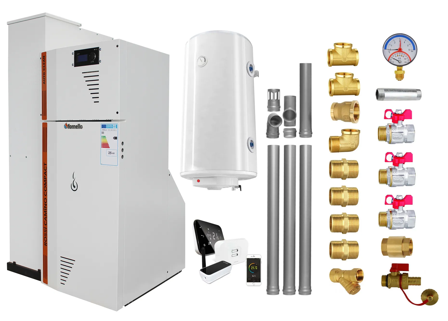 Pachet Centrala termica compacta pe peleti Fornello Rossi Camino Compact Automatic 25 kw, boiler, termostat, kit evacuare, fitinguri, pompa de circulatie, vas expansiune, tiraj fortat, curatare automata a arzatorului si a drumurilor de fum, Ecodesign
