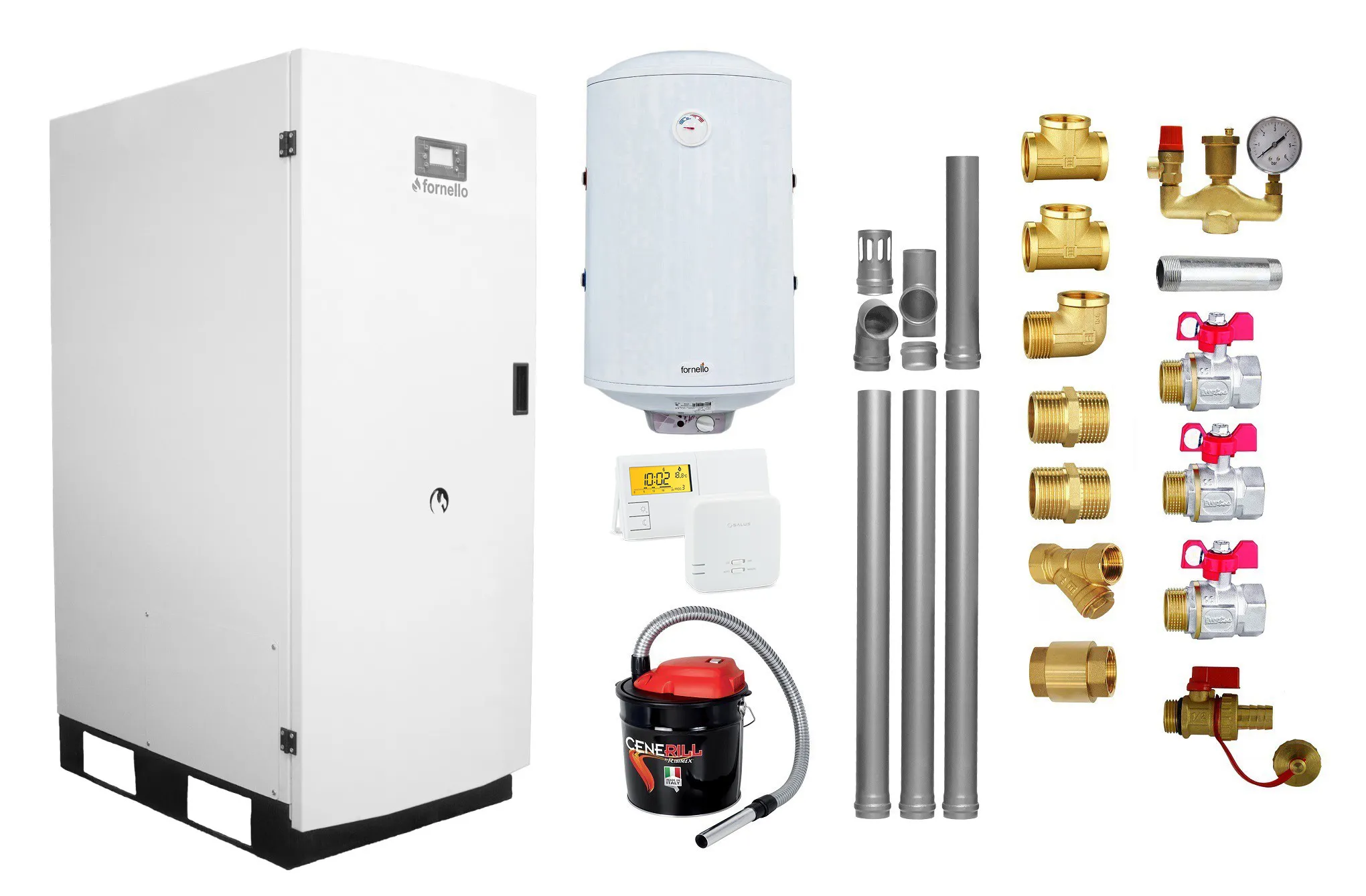 Pachet Centrala termica pe peleti Fornello GT 30 Standard, echipata cu pompa circulatie Wilo, vas expansiune, manometru, boiler fornello 100 l, kit evacuare 3.5 ml, Termostat Salus 091FLRFV2 si Aspirator Cenusa, fitinguri