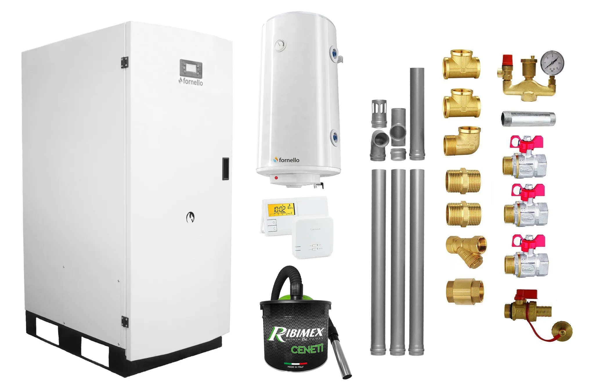 Pachet Centrala termica pe peleti Fornello GT 35 Standard, 35 KW, pompa circulatie, vas expansiune, boiler, kit evacuare, termostat, aspiratior, manometru, fitingurimontaj, curatare mecanica arzator si schimbator, A+