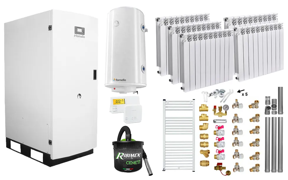 Pachet Centrala termica pe peleti Fornello GT 35 Standard, 35 KW, pompa circulatie, vas expansiune, calorifere aluminiu Fornello Alvo, boiler, kit evacuare, termostat, aspiratior, manometru, fitinguri, curatare mecanica arzator si schimbator, A+