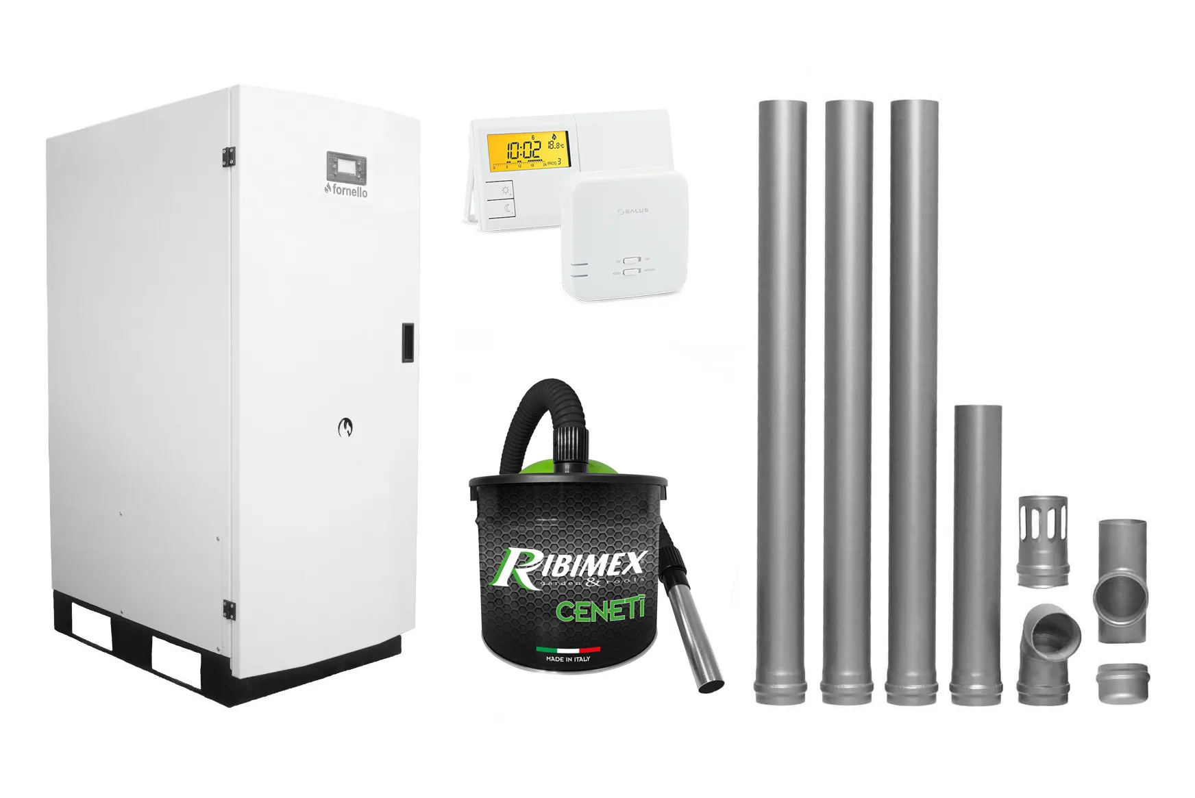 Pachet Centrala termica pe peleti Fornello GT 35 Standard, 35 KW, pompa circulatie, vas expansiune, kit evacuare, termostat, aspiratior, manometru, supapa siguranta, curatare mecanica arzator si schimbator, A+