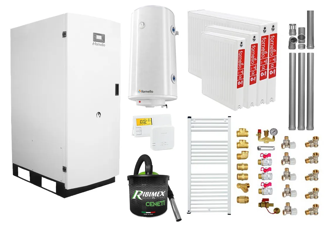Pachet Centrala termica pe peleti Fornello GT 35 Standard, 35 KW, pompa circulatie, vas expansiune, radiatoare, boiler, kit evacuare, termostat, aspiratior, manometru, fitingurimontaj, curatare mecanica arzator si schimbator, A+