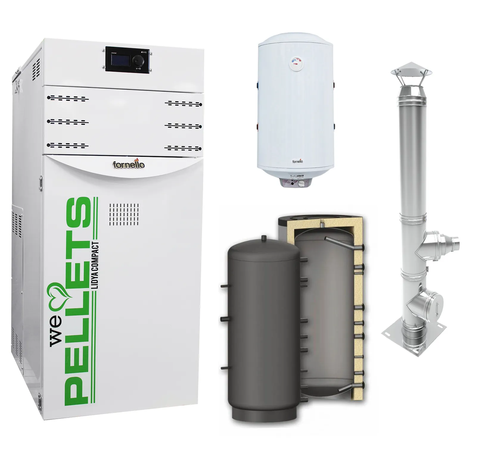 Pachet Centrala termica pe peleti Fornello Lidya Compact 25 kw, echipata cu pompa electronica Grundfos, vas expansiune, manometru, aerisitor, supapa, arzator inox, A+, Puffer P 500l, Cos inox 6 ml 120 mm, Boiler Termoelectric Fornello 10