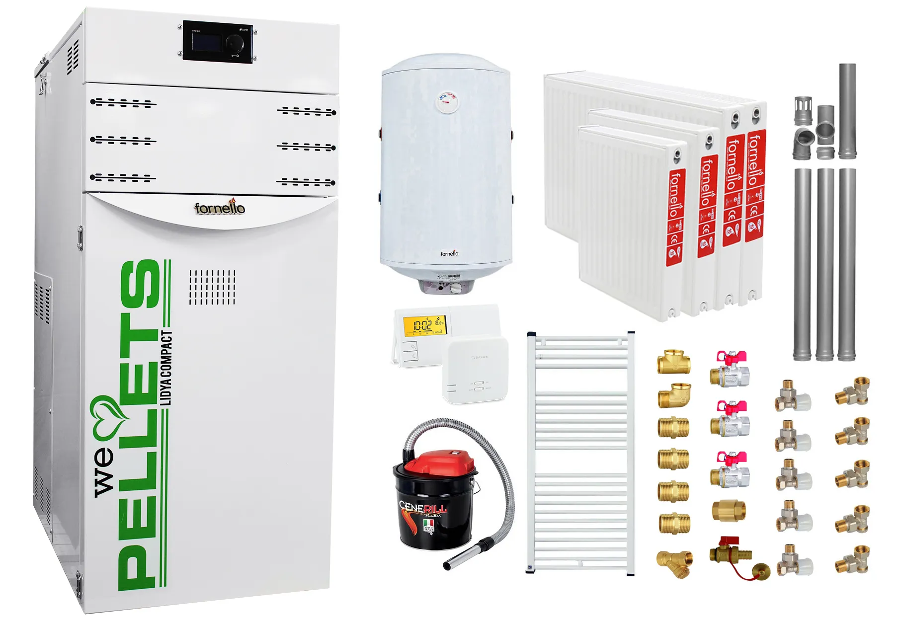 Pachet Centrala termica pe peleti Fornello Lidya Compact 25 kw, pompa Grundfos, arzator inox, curatare mecanica arzator si schimbator, A+, Kit evacuare 3.5 ml, Boiler  Fornello 100 l, Termostat Salus 091FLRFV2, Aspirator, Radiatoare si Kit montaj