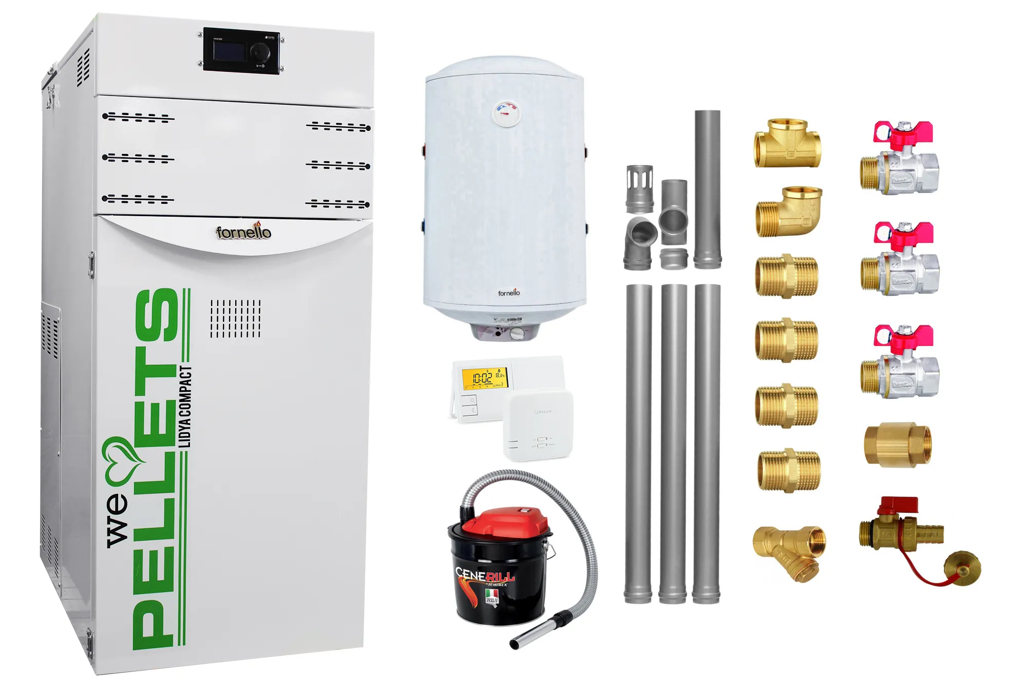 Pachet Centrala termica pe peleti Fornello Lidya Compact 25 kw, pompa Grundfos, arzator inox, curatare mecanica arzator si schimbator, A+, Kit evacuare 3.5 ml, Boiler  Fornello 100 l, Termostat Salus 091FLRFV2, Aspirator si Kit montaj