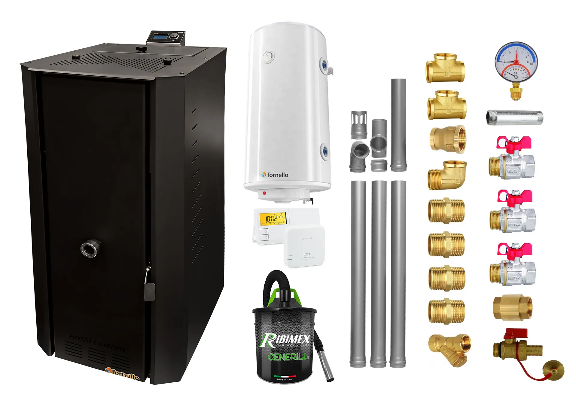 Pachet Centrala termica pe peleti Fornello Rossi B Black 25 kw, pompa de circulatie, vas expansiune, tiraj fortat, Ecodesign, A+, Boiler Termoelectric Fornello 100 l, Termostat Salus 091FLRFV2, Aspirator, Kit evacuare 3.5 ml si Fitinguri montaj