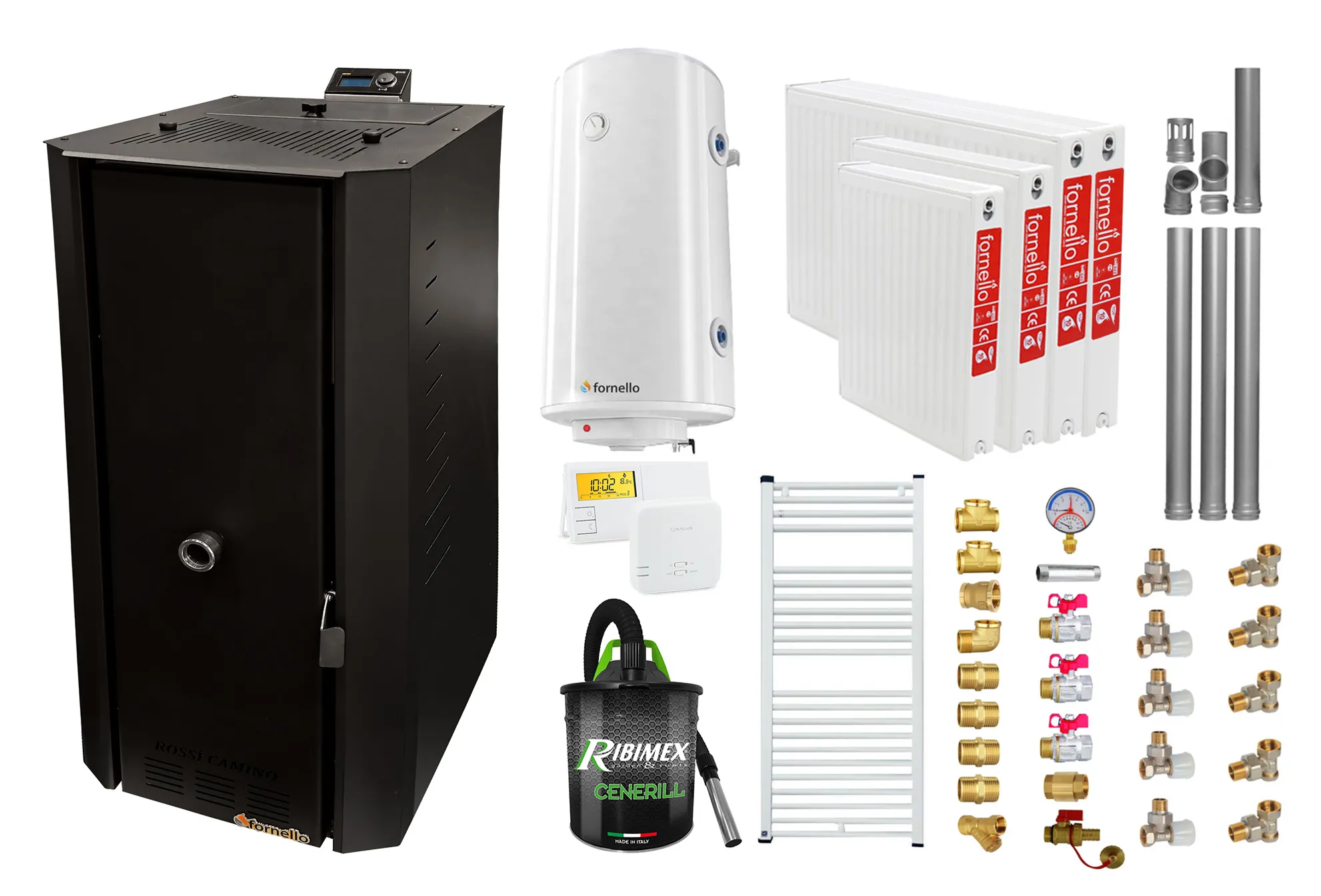 Pachet Centrala termica pe peleti Fornello Rossi B Black 25 kw, pompa, vas expansiune, tiraj fortat, Ecodesign, A+, Boiler Termoelectric Fornello 100 l, Termostat Salus 091FLRFV2, Aspirator, Kit evacuare 3.5 ml, Fitinguri si Radiatoare