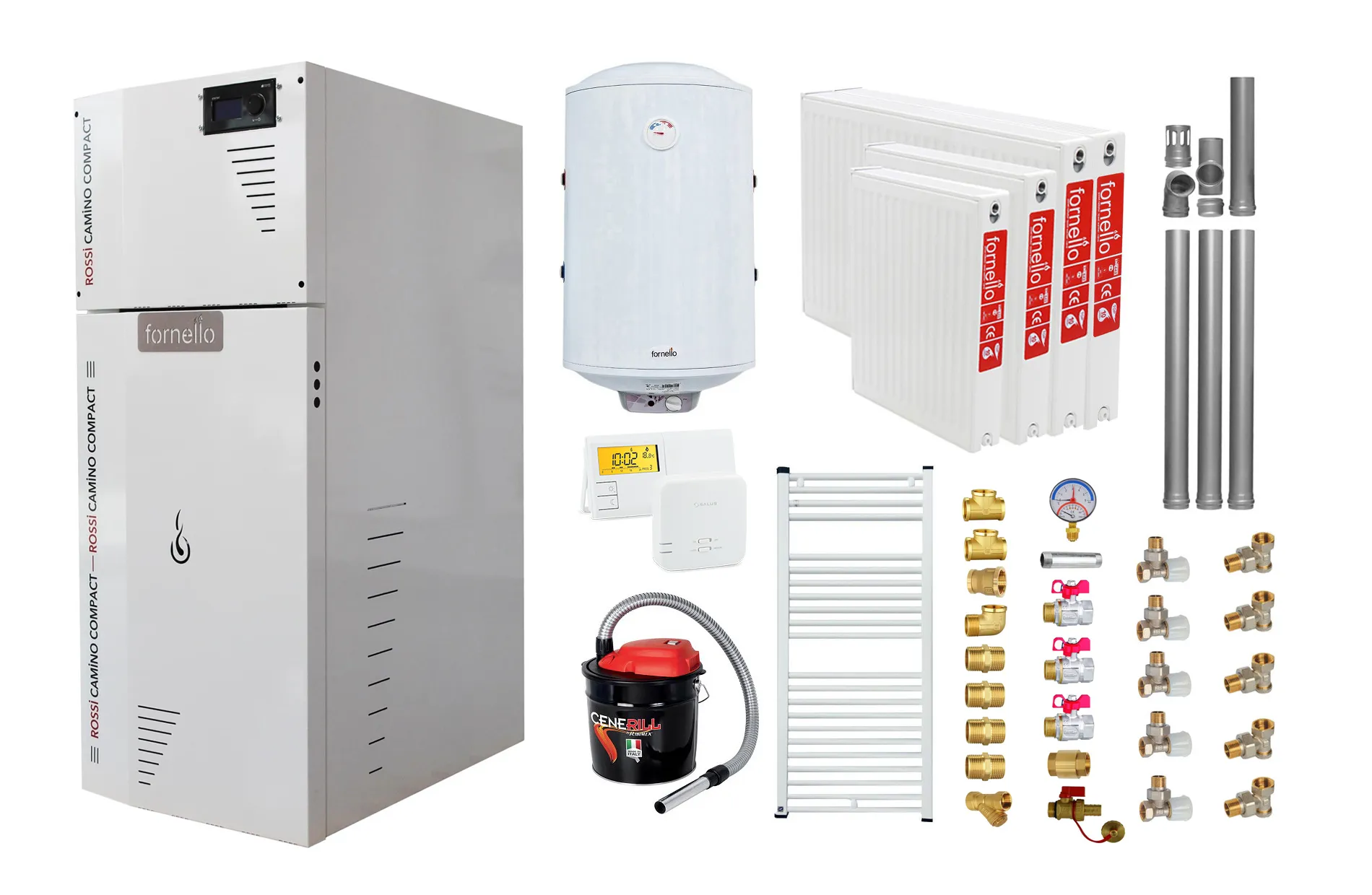 Pachet Centrala termica pe peleti Fornello Rossi Camino Compact 25 kw, pompa de circulatie, vas expansiune, tiraj fortat, Ecodesign, A+, Kit evacuare 3.5 ml, Boiler Termoelectric Fornello 100 l, Termostat Salus 091FLRFV2, Aspirator, Radiatoare si Kit