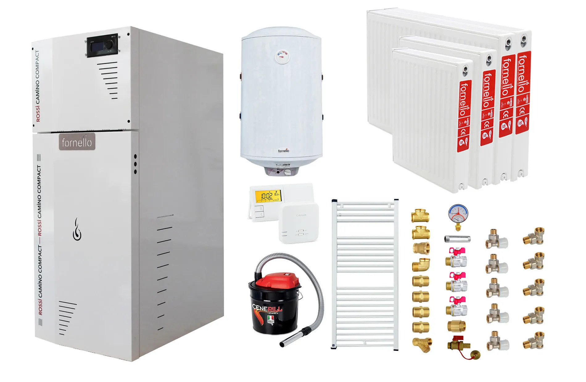 Pachet Centrala termica pe peleti Fornello Rossi Camino Compact 35 kw, pompa de circulatie, vas expansiune, tiraj fortat, Ecodesign, A+, Boiler Termoelectric Fornello 100 l, Termostat Salus 091FLRFV2, Aspirator, Radiatoare si Kit