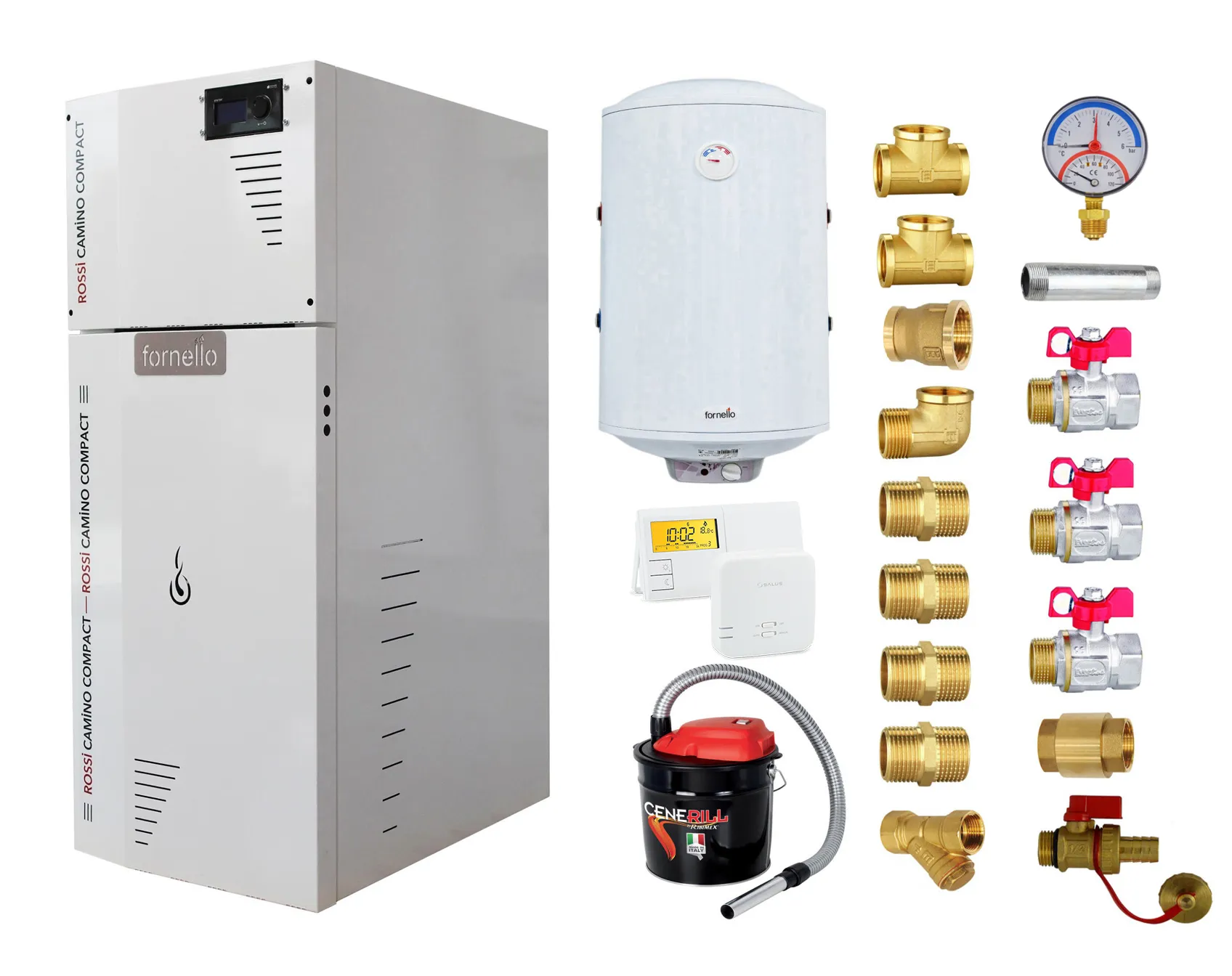 Pachet Centrala termica pe peleti Fornello Rossi Camino Compact 35 kw, pompa de circulatie, vas expansiune, tiraj fortat, Ecodesign, A+, Boiler Termoelectric Fornello 100 l, Termostat Salus 091FLRFV2, Aspirator si Kit montaj