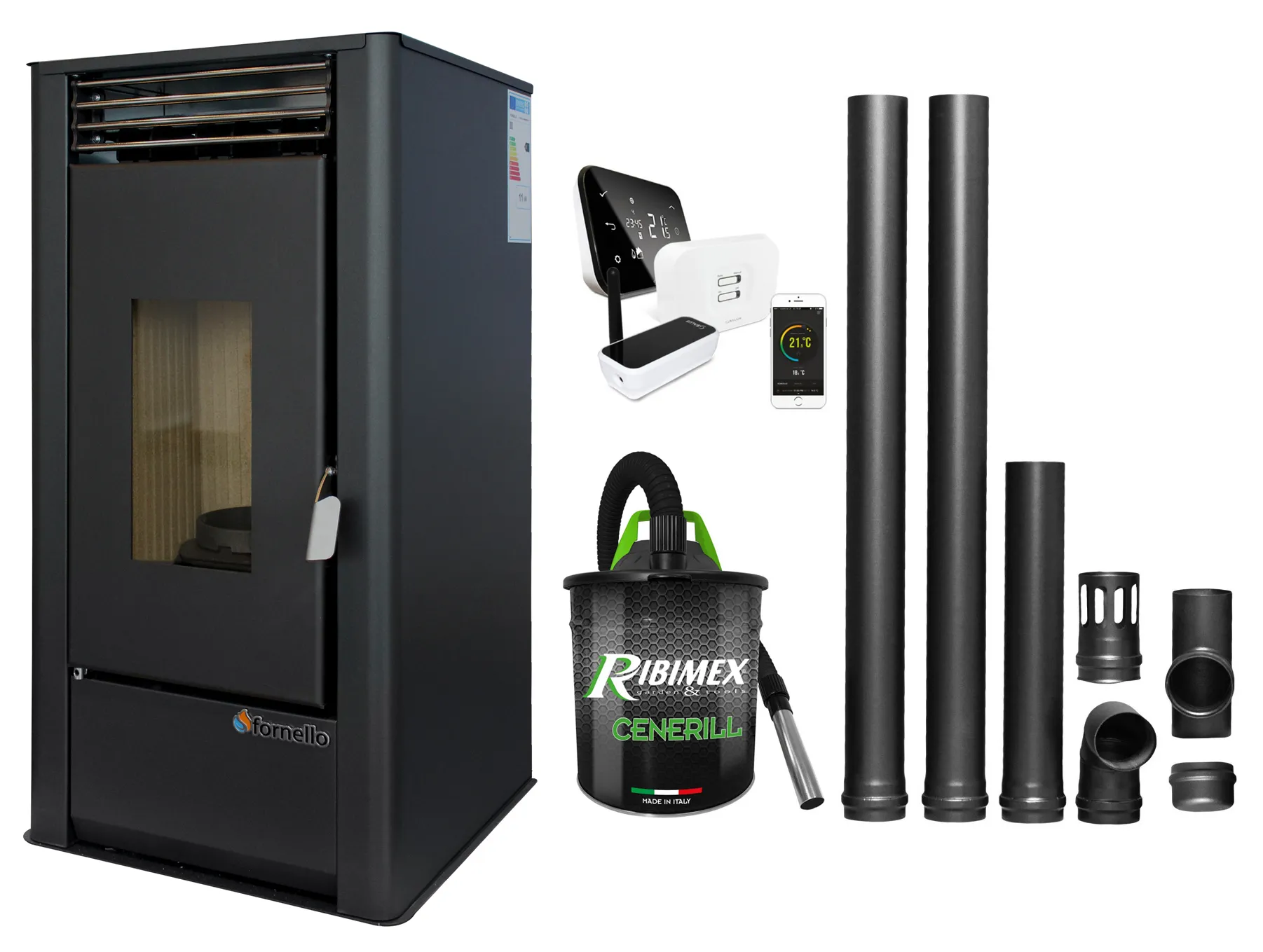 Pachet complet pentru incalzire cu control de la distanta format din Semineu (Soba) pe Peleti cu aer cald Fornello Air SmartPell 11 KW, culoare Black, termostat ambiental Salus IT 500, aspirator de cenusa si kit de evacuare 2,5 metri