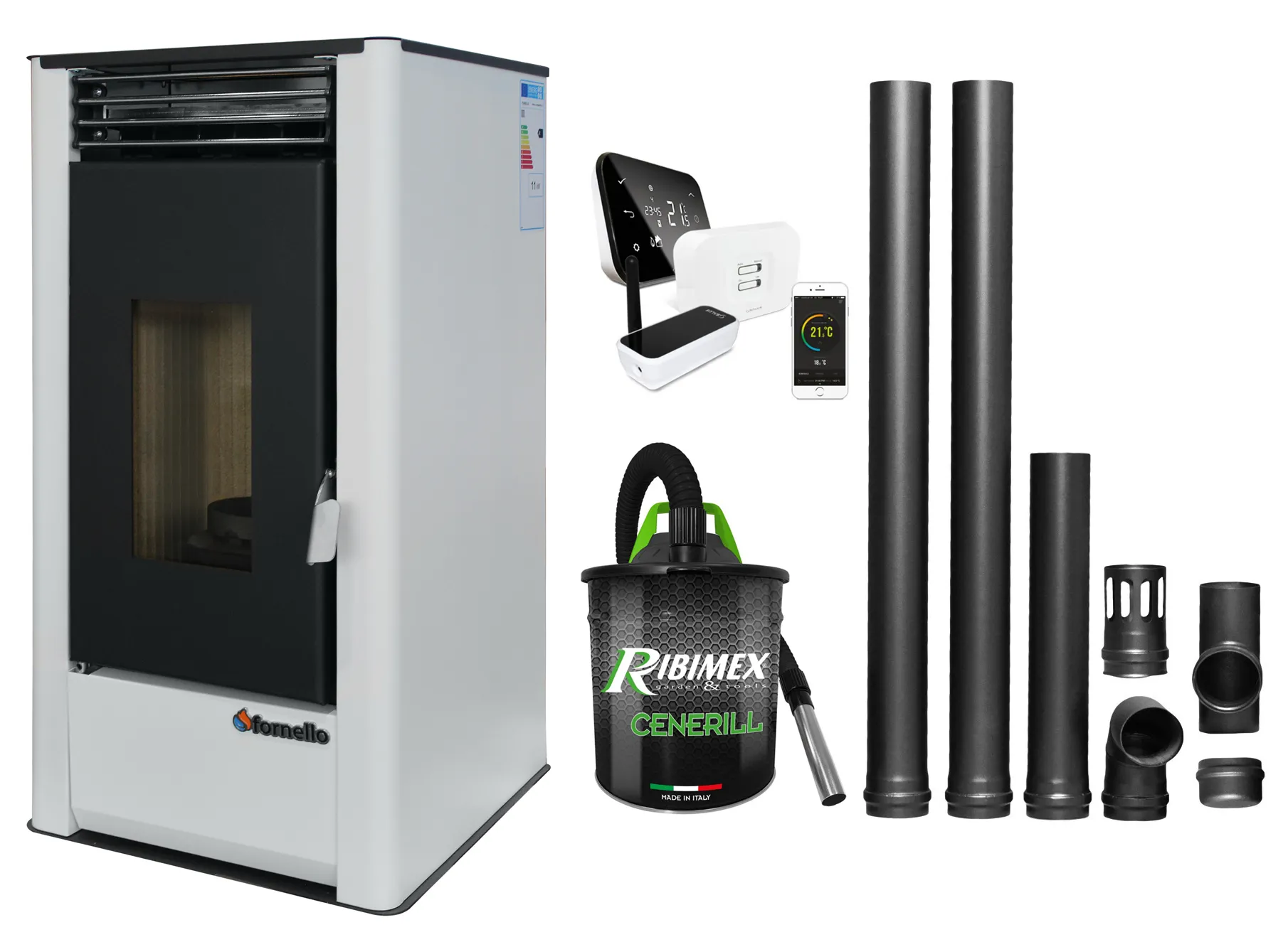Pachet complet pentru incalzire cu control de la distanta format din Semineu (Soba) pe Peleti cu aer cald Fornello Air SmartPell 11 KW, culoare White, termostat ambiental Salus IT 500, aspirator de cenusa si kit de evacuare 2,5 metri