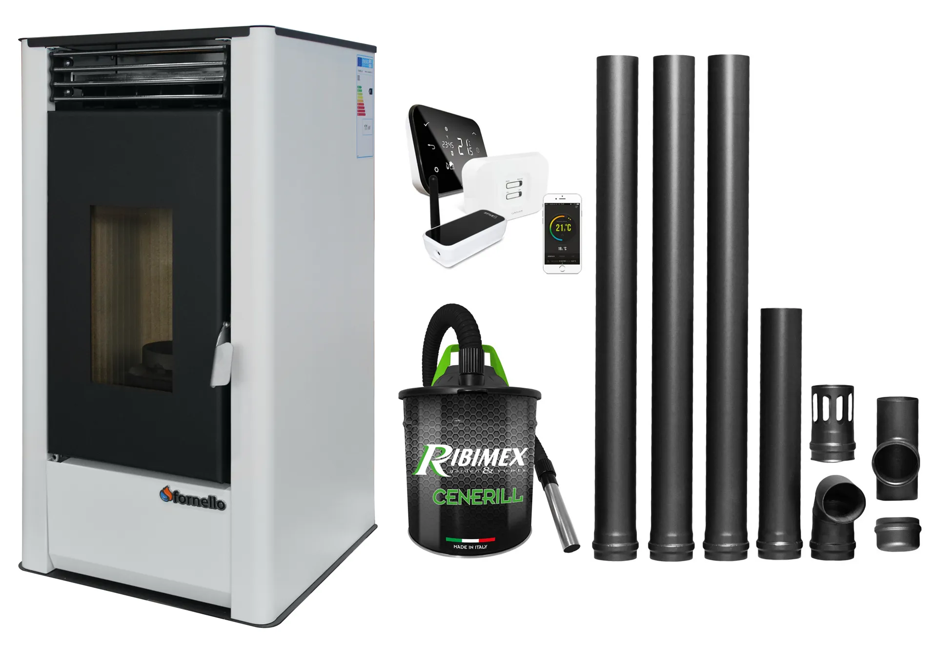 Pachet complet pentru incalzire cu control de la distanta format din Semineu (Soba) pe Peleti cu aer cald Fornello Air SmartPell 11 KW, culoare White, termostat ambiental Salus IT 500, aspirator de cenusa si kit de evacuare 3,5 metri