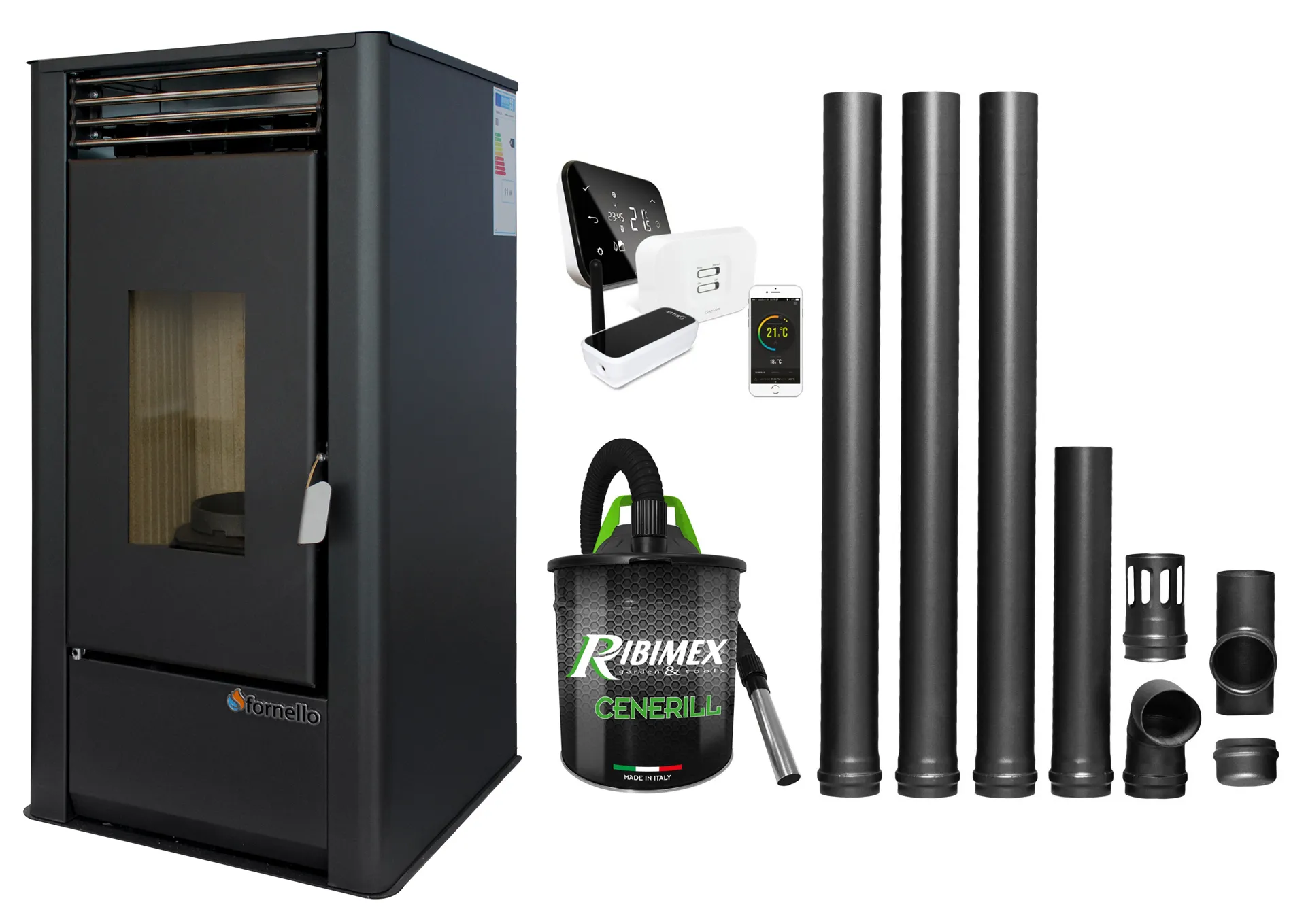 Pachet complet pentru incalzire cu control de la distanta format din Semineu (Soba) pe Peleti cu aer cald Fornello Air SmartPell 11 KW, culoare Black, termostat ambiental Salus IT 500, aspirator de cenusa si kit de evacuare 3,5 metri