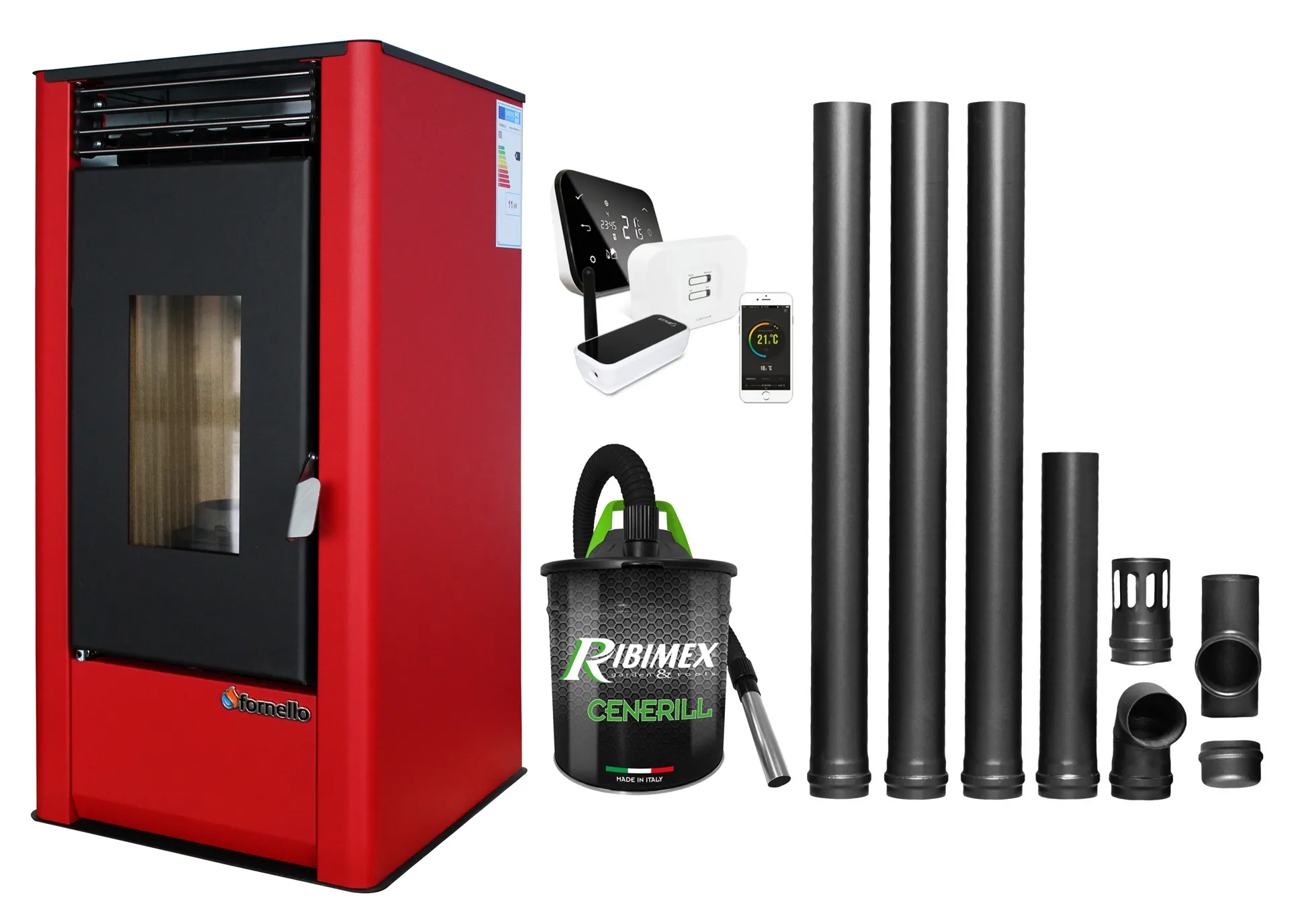 Pachet complet pentru incalzire cu control de la distanta format din Semineu (Soba) pe Peleti cu aer cald Fornello Air SmartPell 11 KW, culoare Bordeaux, termostat ambiental Salus IT 500, aspirator de cenusa si kit de evacuare 3,5 metri
