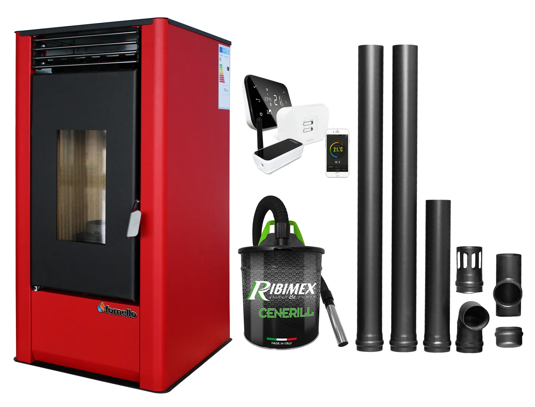 Pachet complet pentru incalzire cu control de la distanta format din Semineu (Soba) pe Peleti cu aer cald Fornello Air SmartPell 11 KW, culoare Bordeaux, termostat ambiental Salus IT 500, aspirator de cenusa si kit de evacuare 2,5 metri