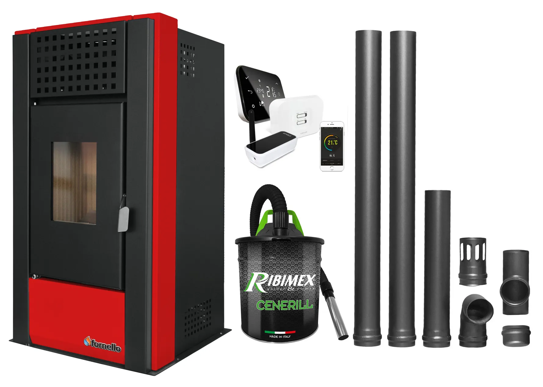 Pachet complet pentru incalzire cu control de la distanta format din Semineu (Soba) pe Peleti cu aer cald Magnesia 9 KW, culoare Bordeaux, termostat ambiental Salus IT 500, aspirator de cenusa si kit de evacuare 2,5 metri