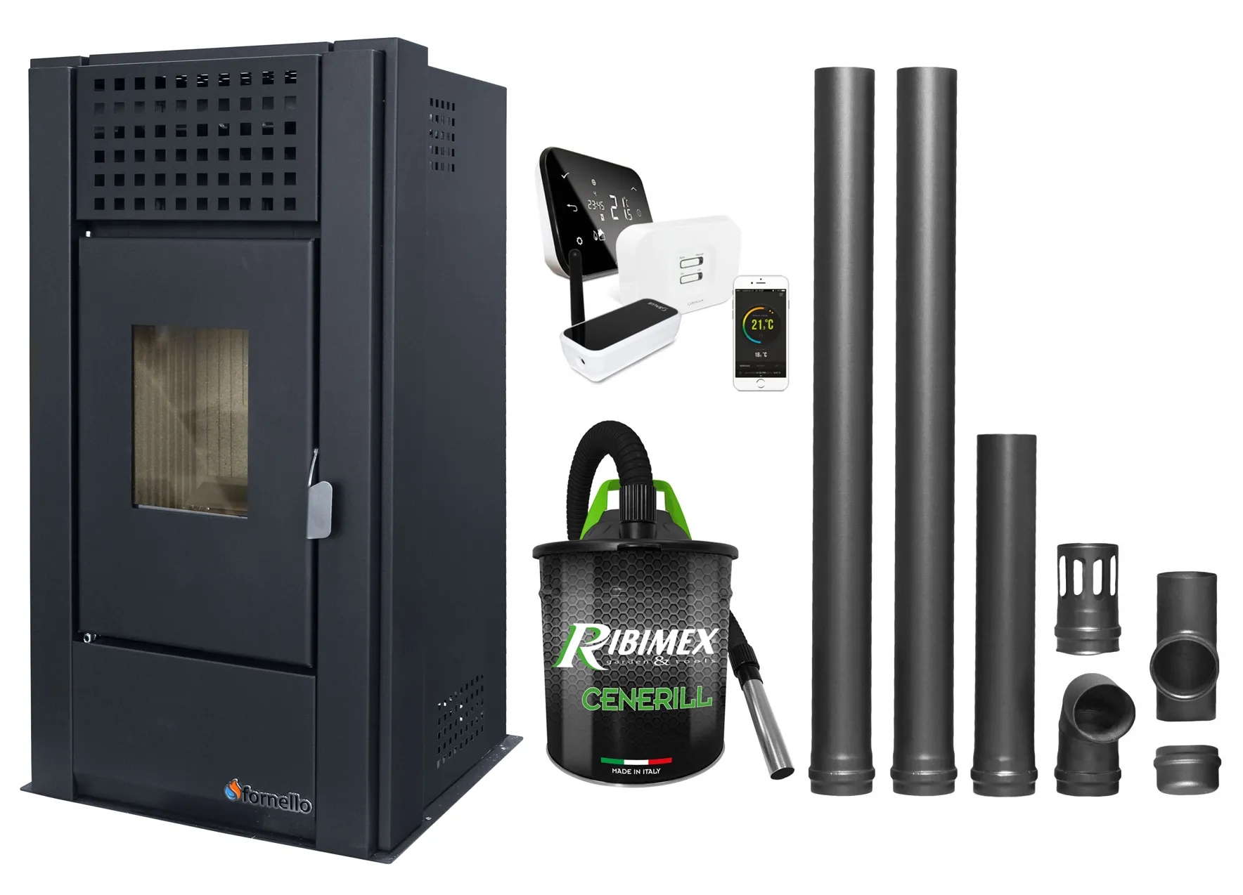 Pachet complet pentru incalzire cu control de la distanta format din Semineu (Soba) pe Peleti cu aer cald Magnesia 9 KW, culoare Black, termostat ambiental Salus IT 500, aspirator de cenusa si kit de evacuare 2,5 metri