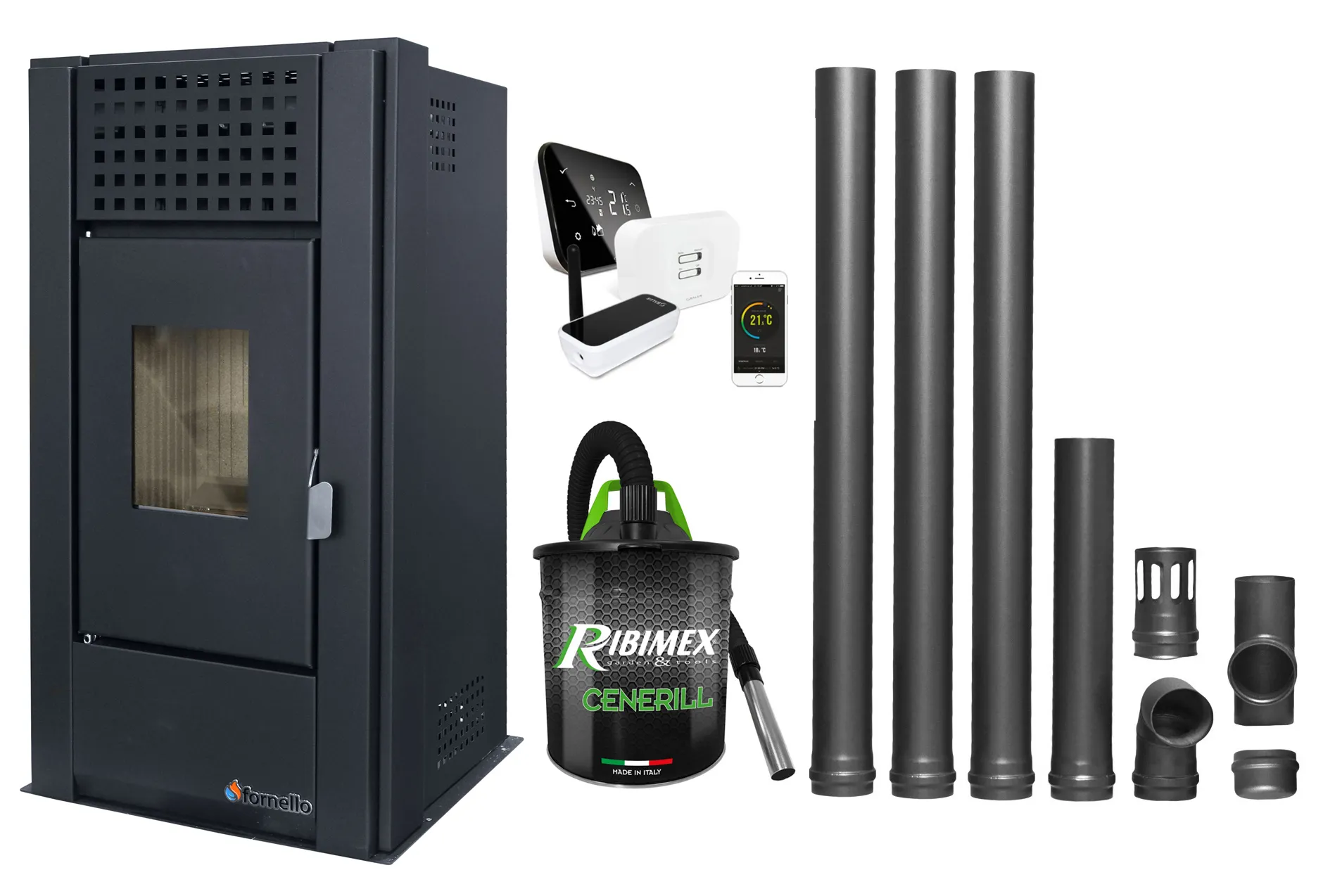 Pachet complet pentru incalzire cu control de la distanta format din Semineu (Soba) pe Peleti cu aer cald Magnesia 9 KW, culoare Black, termostat ambiental Salus IT 500, aspirator de cenusa si kit de evacuare 3,5 metri