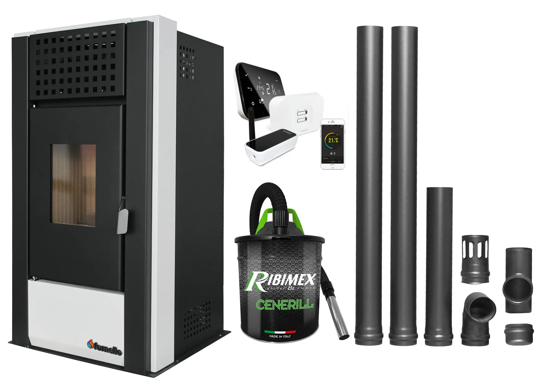 Pachet complet pentru incalzire cu control de la distanta format din Semineu (Soba) pe Peleti cu aer cald Magnesia 9 KW, culoare White, termostat ambiental Salus IT 500, aspirator de cenusa si kit de evacuare 2,5 metri