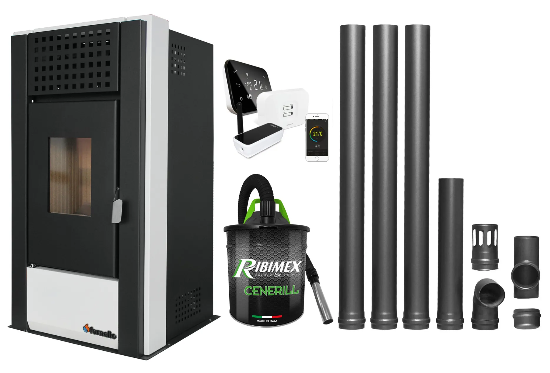 Pachet complet pentru incalzire cu control de la distanta format din Semineu (Soba) pe Peleti cu aer cald Magnesia 9 KW, culoare White, termostat ambiental Salus IT 500, aspirator de cenusa si kit de evacuare 3,5 metri