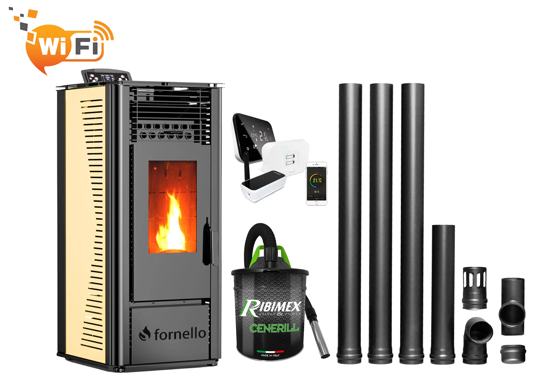 Pachet complet pentru incalzire cu control de la distanta format din Semineu (soba) pe peleti cu tiraj fortat Fornello SOPHIA WI-FI 11 kw, termostat Salus IT 500, aspirator, kit de evacuare 3,5 metri, telecomanda, Wi-fi, culoare Ivory