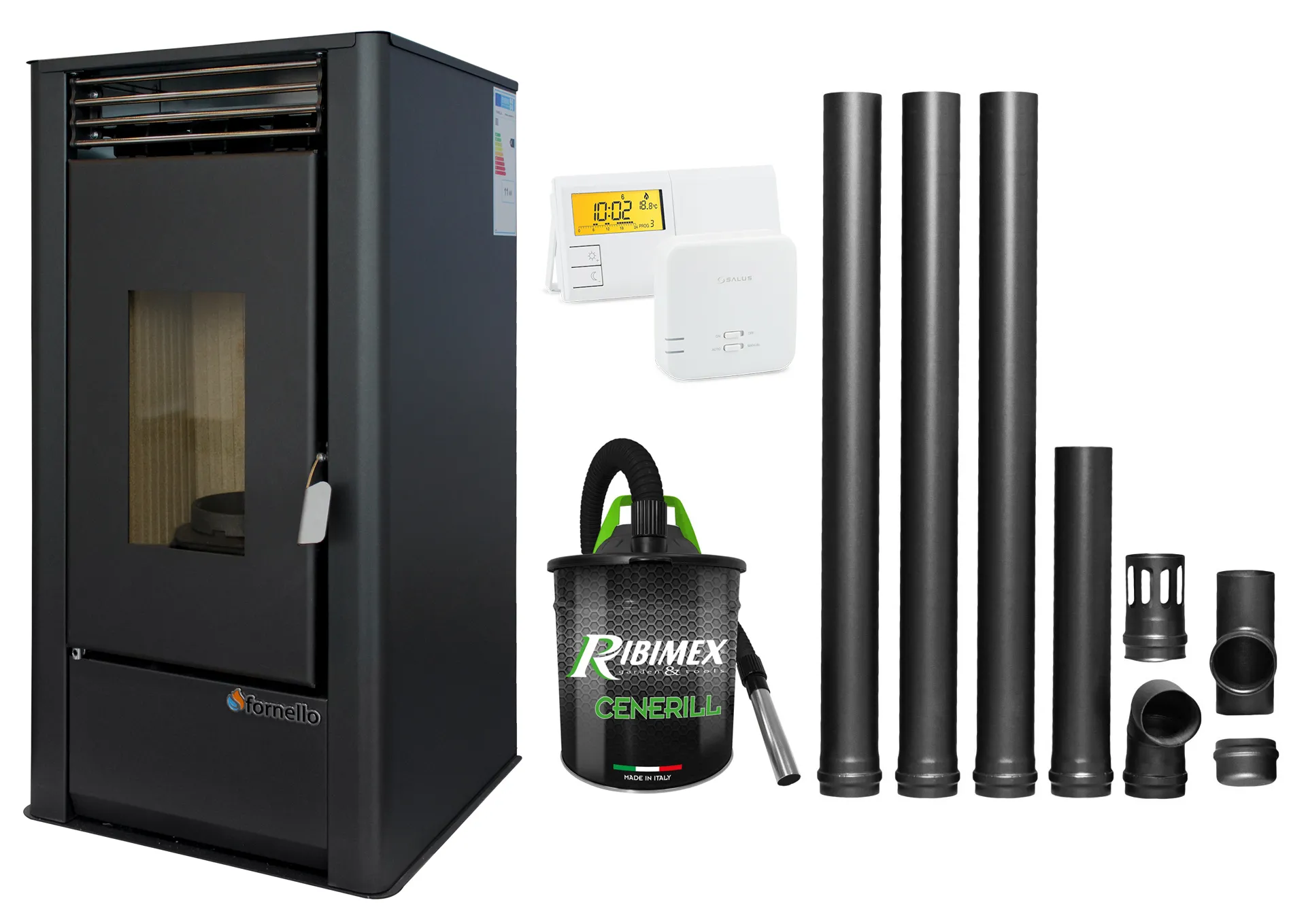 Pachet complet pentru incalzire Semineu (Soba) pe Peleti cu aer cald Fornello Air SmartPell 11 KW, culoare Black, termostat ambiental, aspirator de cenusa si kit de evacuare 3,5 metri
