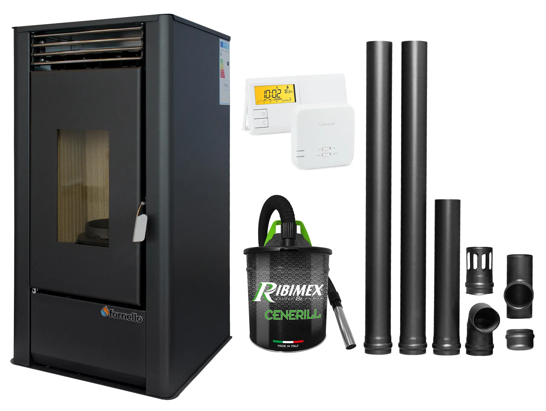 Pachet complet pentru incalzire Semineu (Soba) pe Peleti cu aer cald Fornello Air SmartPell 11 KW, culoare Black, termostat ambiental, aspirator de cenusa si kit de evacuare 2,5 metri