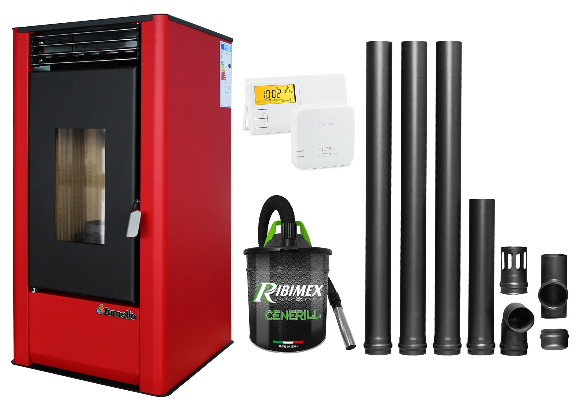 Pachet complet pentru incalzire Semineu (Soba) pe Peleti cu aer cald Fornello Air SmartPell 11 KW, culoare Bordeaux, termostat ambiental, aspirator de cenusa si kit de evacuare 3,5 metri