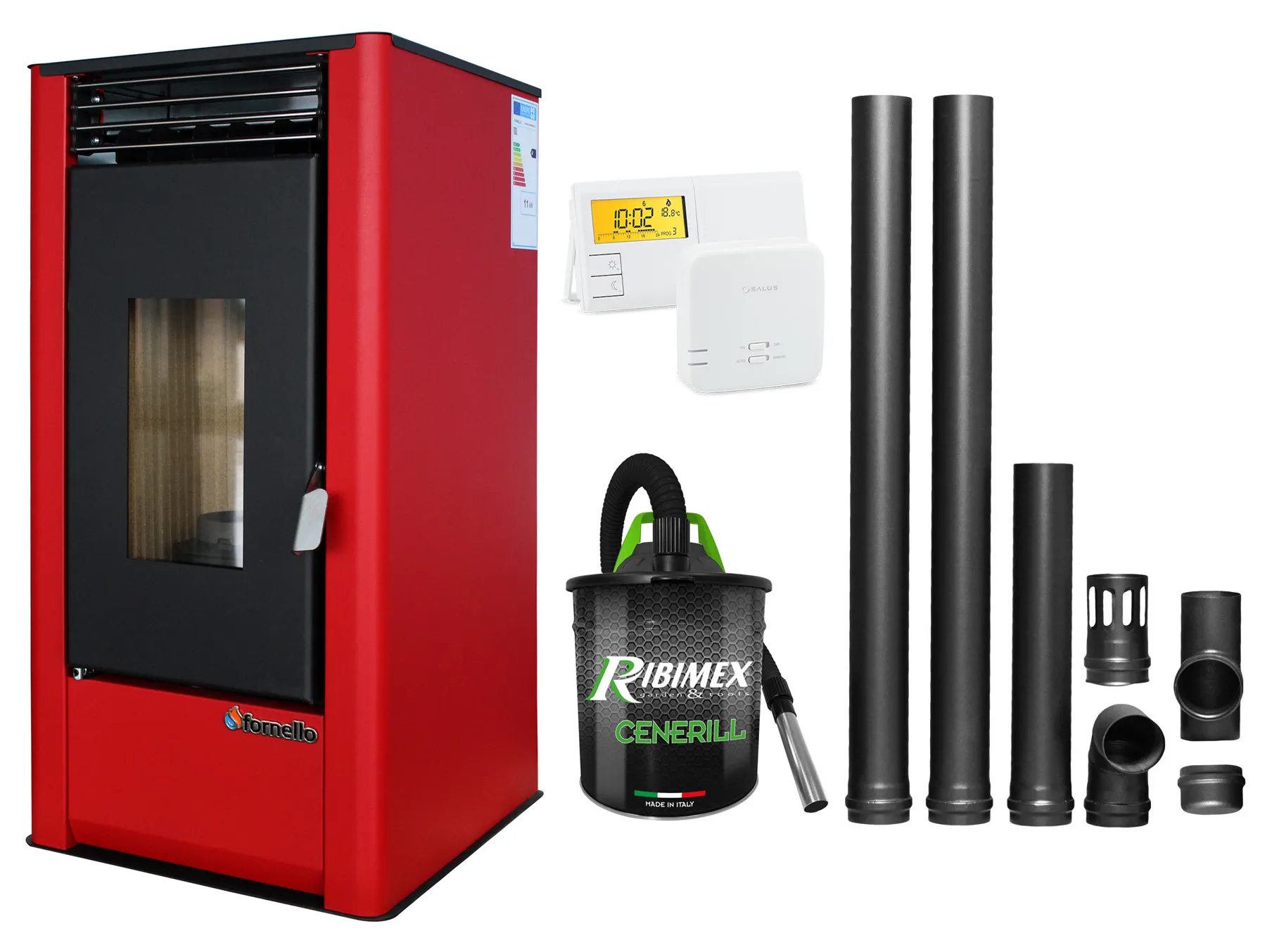 Pachet complet pentru incalzire Semineu (Soba) pe Peleti cu aer cald Fornello Air SmartPell 11 KW, culoare Bordeaux, termostat ambiental, aspirator de cenusa si kit de evacuare 2,5 metri