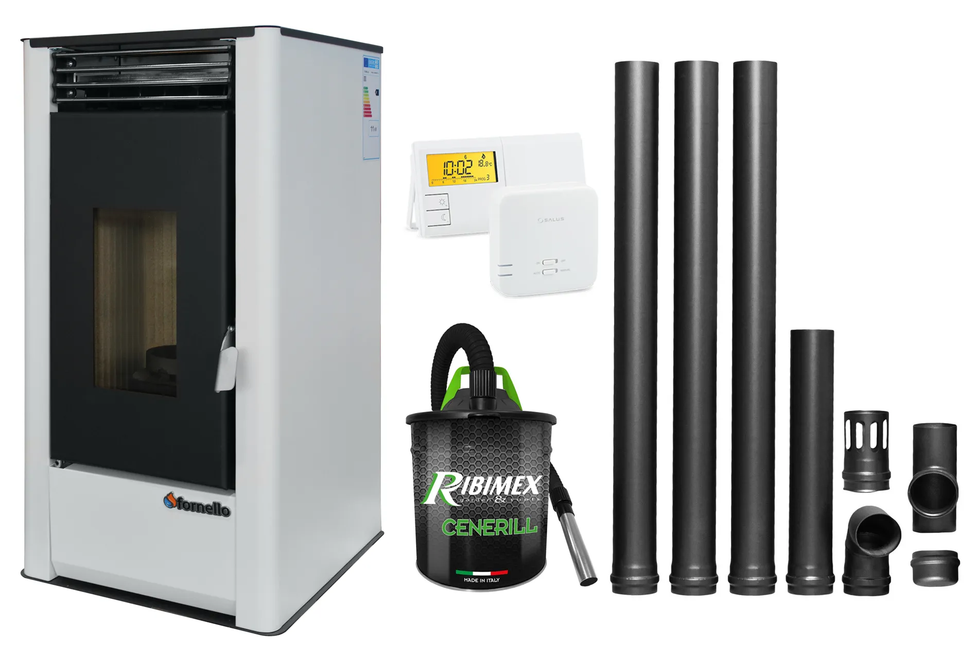 Pachet complet pentru incalzire Semineu (Soba) pe Peleti cu aer cald Fornello Air SmartPell 11 KW, culoare White, termostat ambiental, aspirator de cenusa si kit de evacuare 3,5 metri