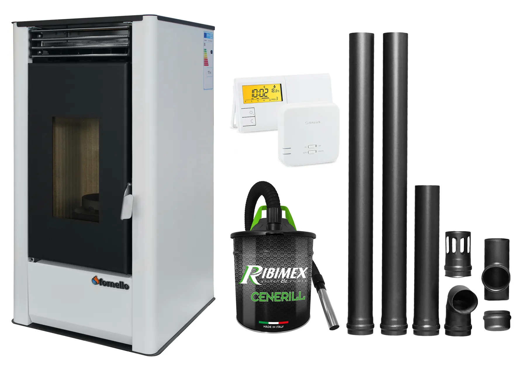 Pachet complet pentru incalzire Semineu (Soba) pe Peleti cu aer cald Fornello Air SmartPell 11 KW, culoare White, termostat ambiental, aspirator de cenusa si kit de evacuare 2,5 metri