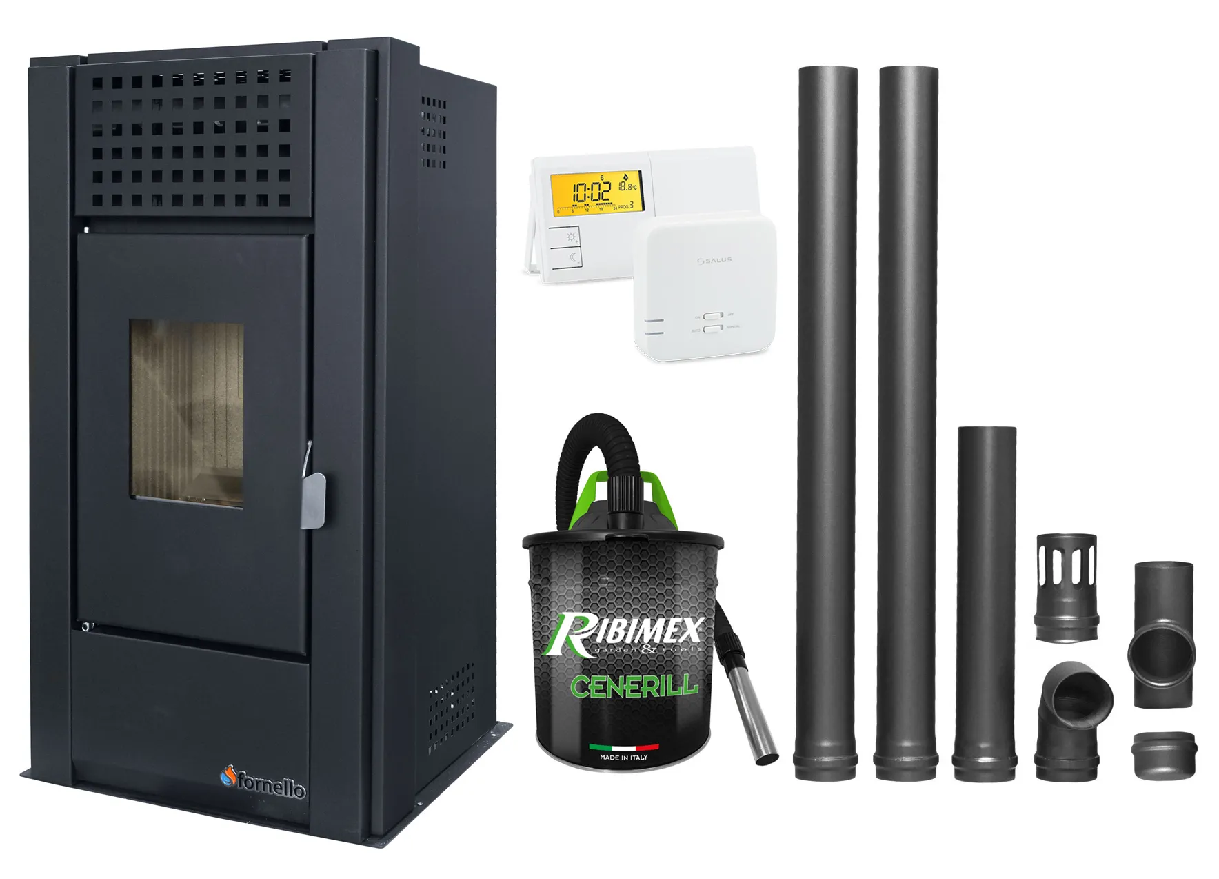 Pachet complet pentru incalzire Semineu (Soba) pe Peleti cu aer cald Fornello Magnesia 9 KW, culoare Black, termostat ambiental, aspirator de cenusa si kit de evacuare 2,5 metri