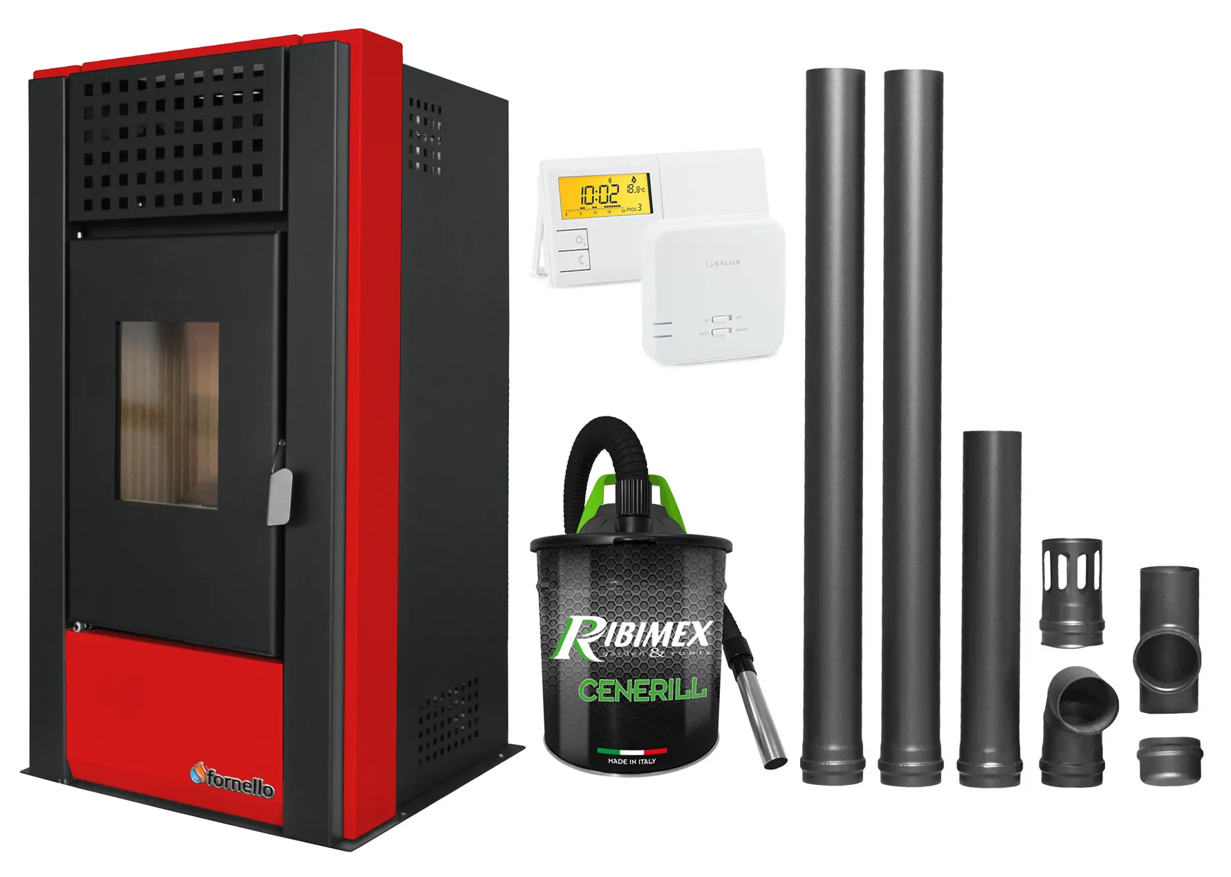 Pachet complet pentru incalzire Semineu (Soba) pe Peleti cu aer cald Fornello Magnesia 9 KW, culoare Bordeaux, termostat ambiental, aspirator de cenusa si kit de evacuare 2,5 metri
