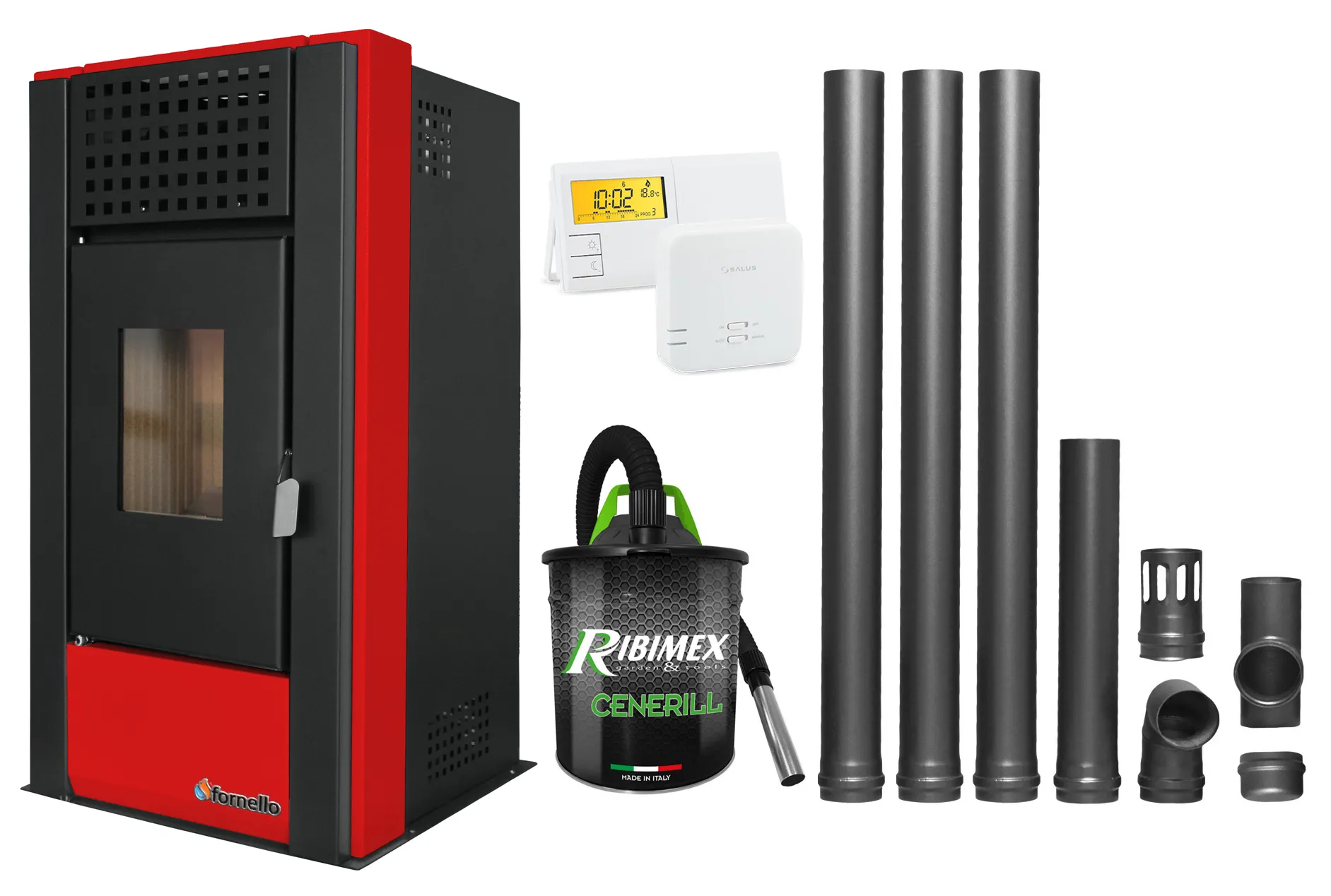 Pachet complet pentru incalzire Semineu (Soba) pe Peleti cu aer cald Fornello Magnesia 9 KW, culoare Bordeaux, termostat ambiental, aspirator de cenusa si kit de evacuare 3,5 metri