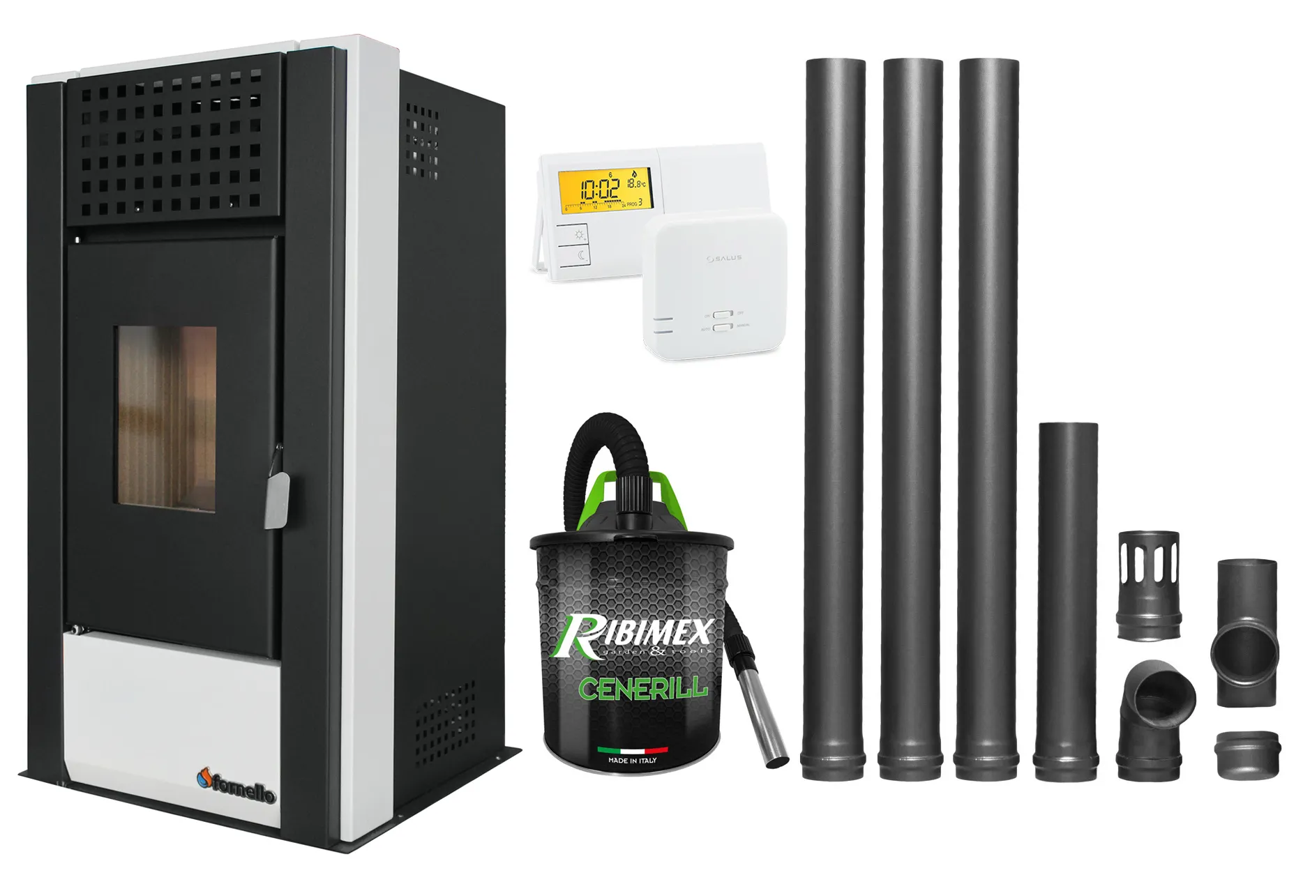 Pachet complet pentru incalzire Semineu (Soba) pe Peleti cu aer cald Fornello Magnesia 9 KW, culoare White, termostat ambiental, aspirator de cenusa si kit de evacuare 3,5 metri