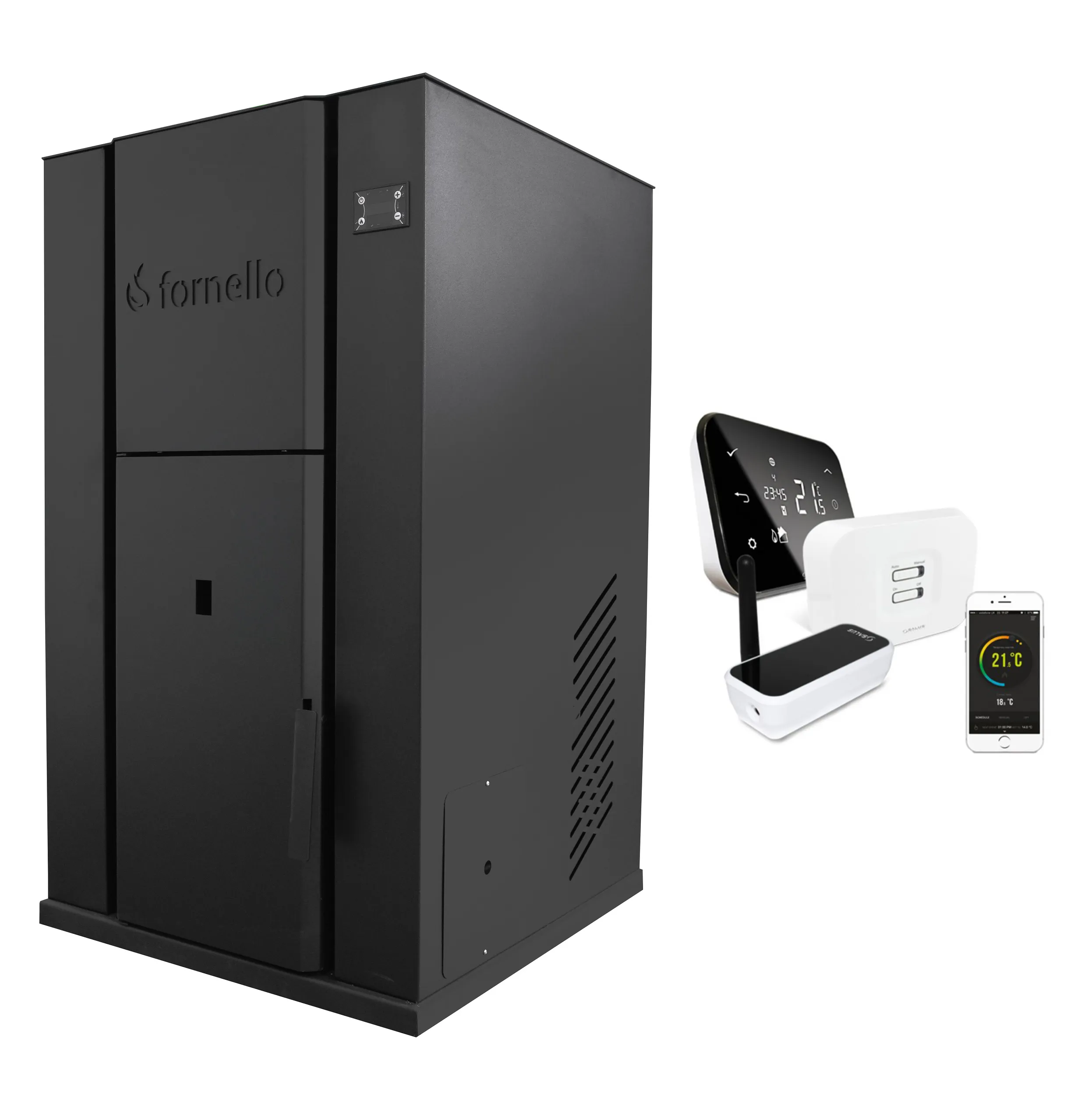 Pachet control de la distanta Centrala monobloc pe peleti Fornello Pellet King 40 kw, pompa, vas de expansiune, supapa, automatizare , tiraj fortat, buncar peleti 100 litri, aprindere automata si termostat Wi-Fi Salus IT 500