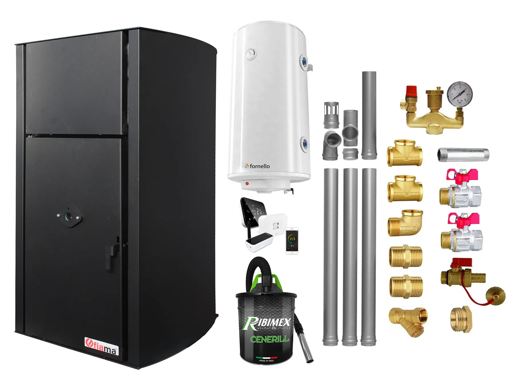 Pachet control de la distanta, Centrala pe peleti Fornello Fiama Confort B 25 kw, complet echipata pentru incalzire, Pompa, Vas expansiune, Automatizare, Boiler 100 litri, Termostat Salus IT 500, Aspirator, Kit evacuare 3.5 ml si Fitinguri montaj