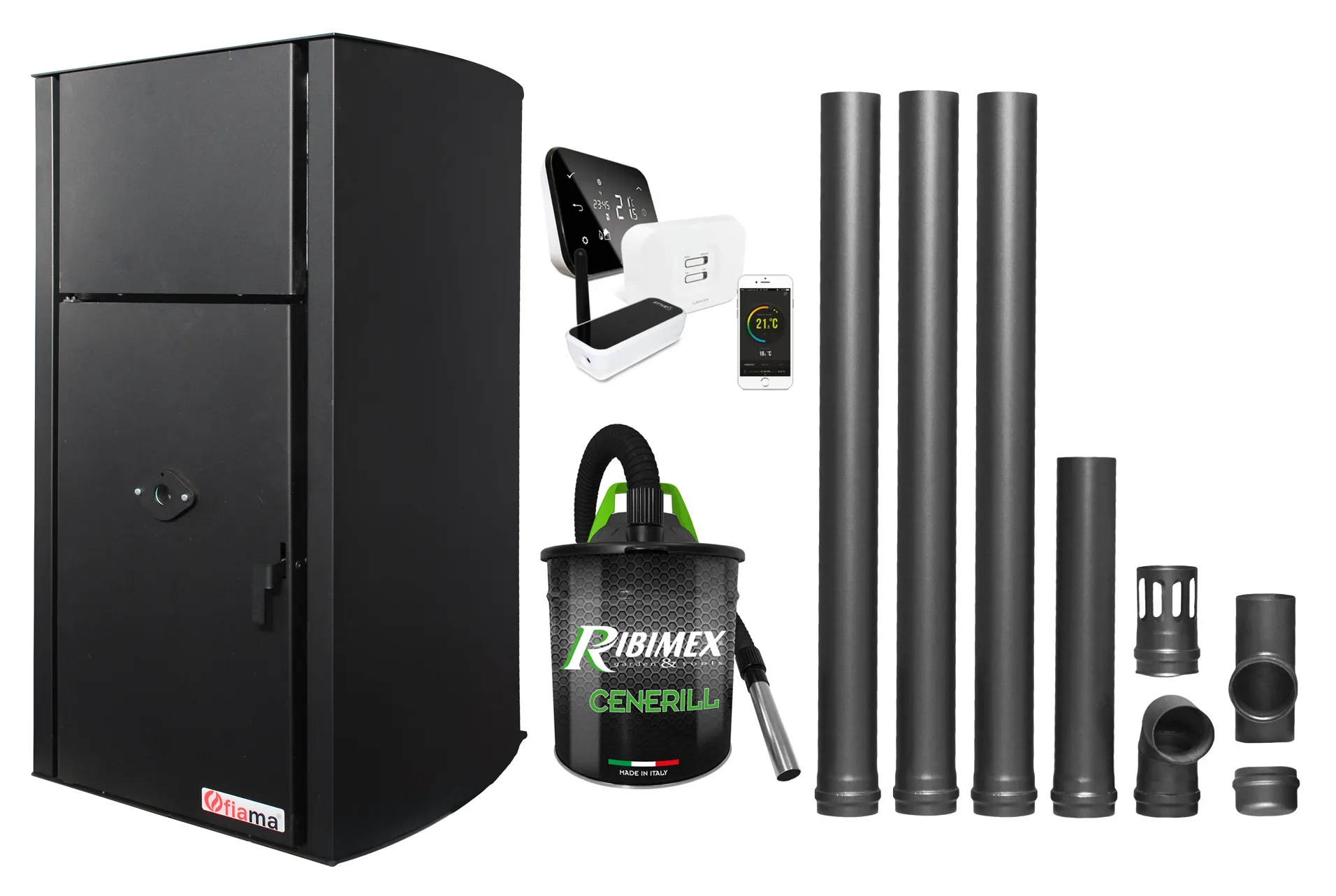 Pachet control de la distanta, Centrala pe peleti Fornello Fiama Confort B 25 kw, complet echipata pentru incalzire, Pompa, Vas expansiune, Automatizare, Termostat ambiental Salus IT 500, Aspirator Cenusa si Kit evacuare 3.5 ml