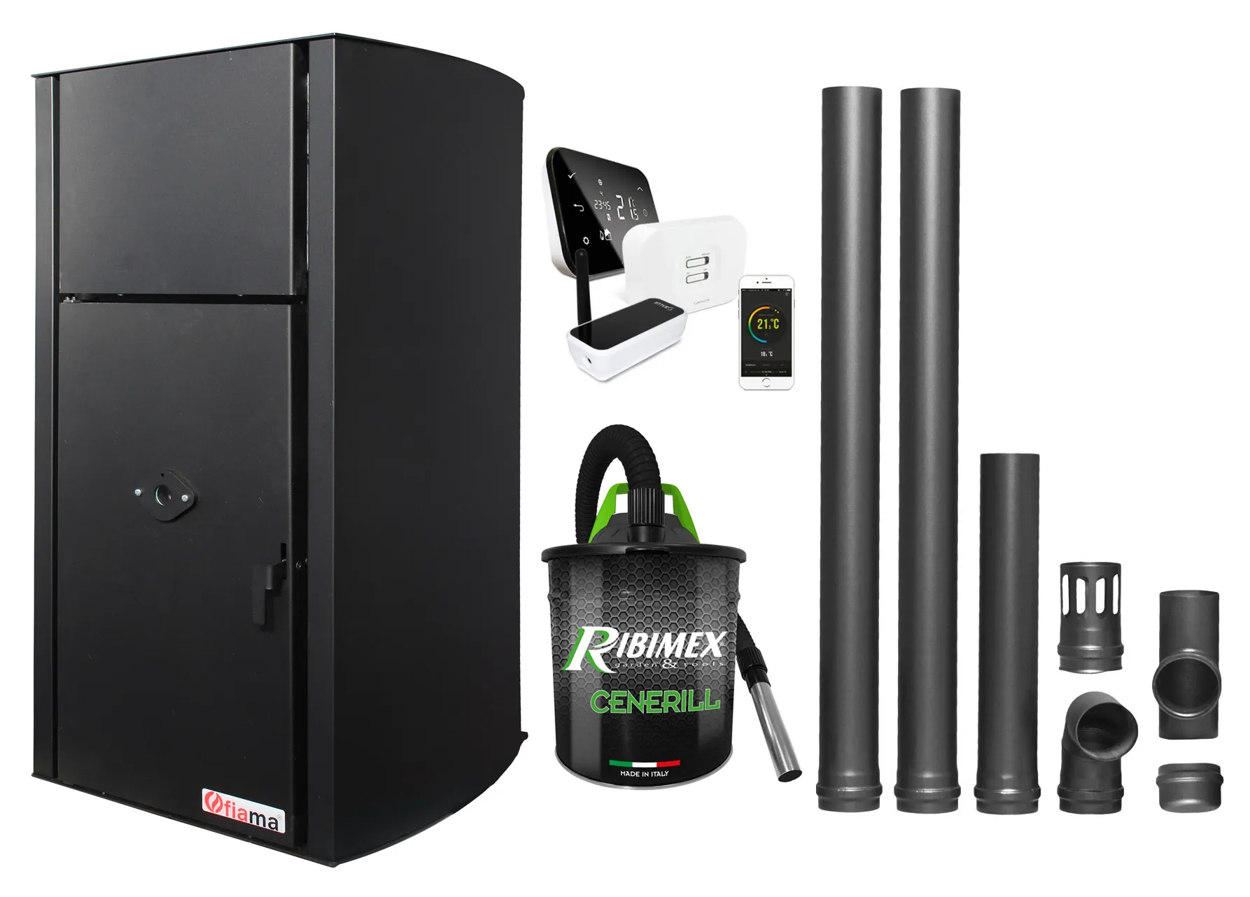 Pachet control de la distanta, Centrala pe peleti Fornello Fiama Confort B 25 kw, complet echipata pentru incalzire, Pompa, Vas expansiune, Automatizare, Termostat ambiental Salus IT 500, Aspirator Cenusa si Kit evacuare 2.5 ml