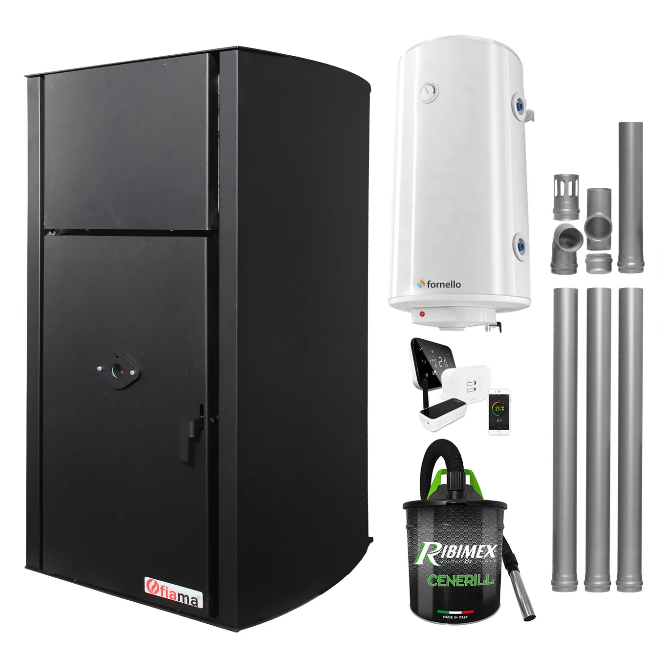 Pachet control de la distanta, Centrala pe peleti Fornello Fiama Confort  B 25 kw, complet echipata pentru incalzire, Pompa, Vas expansiune, Automatizare, Boiler 100 litri, Termostat Salus IT 500, Aspirator Cenusa si Kit evacuare 3.5 ml