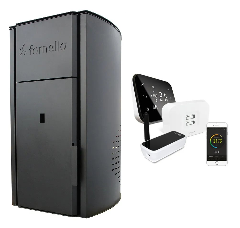Pachet control de la distanta Centrala pe peleti Fornello Royal BLACK 30 kw, complet  echipat cu pompa de circulatie, vas expansiune, supapa de siguranta,  buncar 30 kg, automatizare, culoare  negru, pana la 200 mp si termostat Wi-Fi Salus IT 500