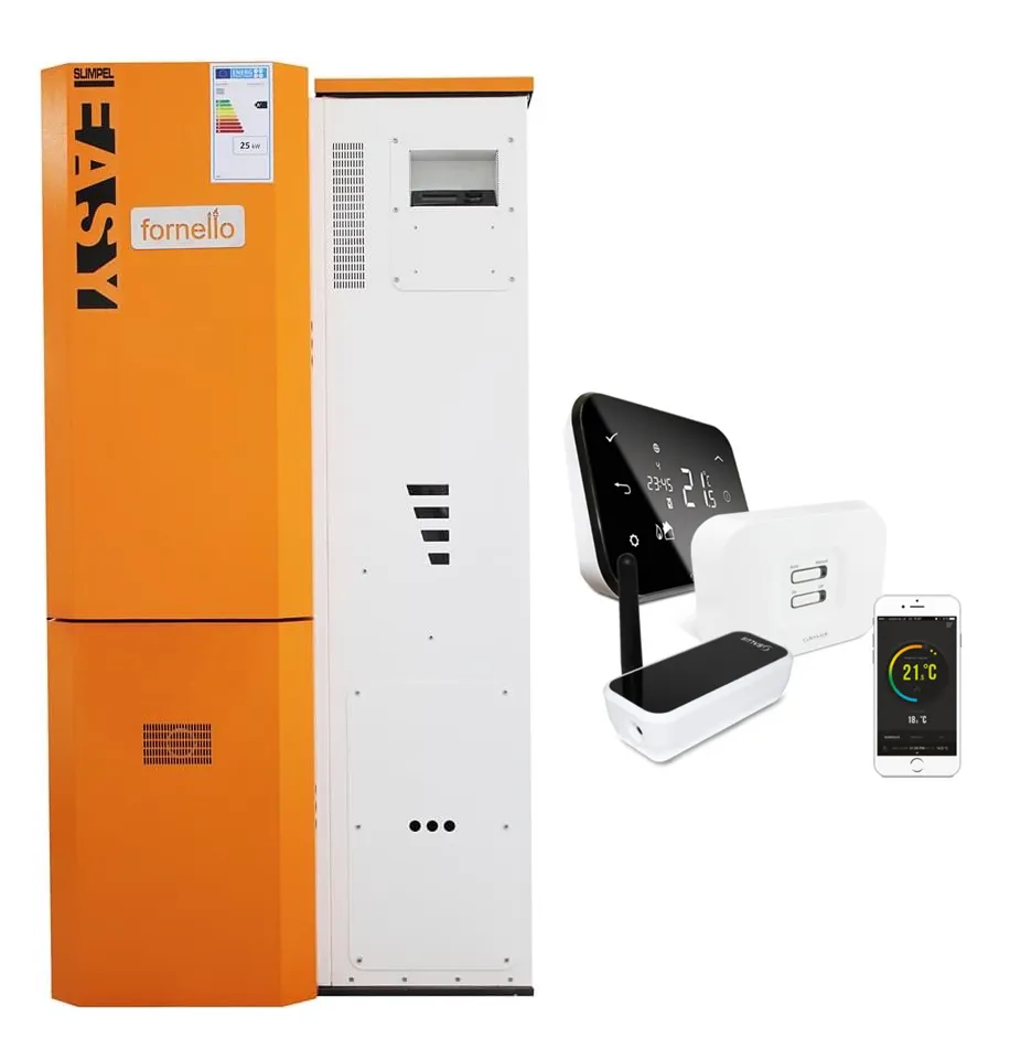 Pachet control de la distanta Centrala pe peleti  Fornello Slimpel Easy 25 kw, arzator inox, sistem curatare arzator, pompa, tiraj fortat, buncar 135 litri, A+ si termostat Wi-Fi Salus IT 500