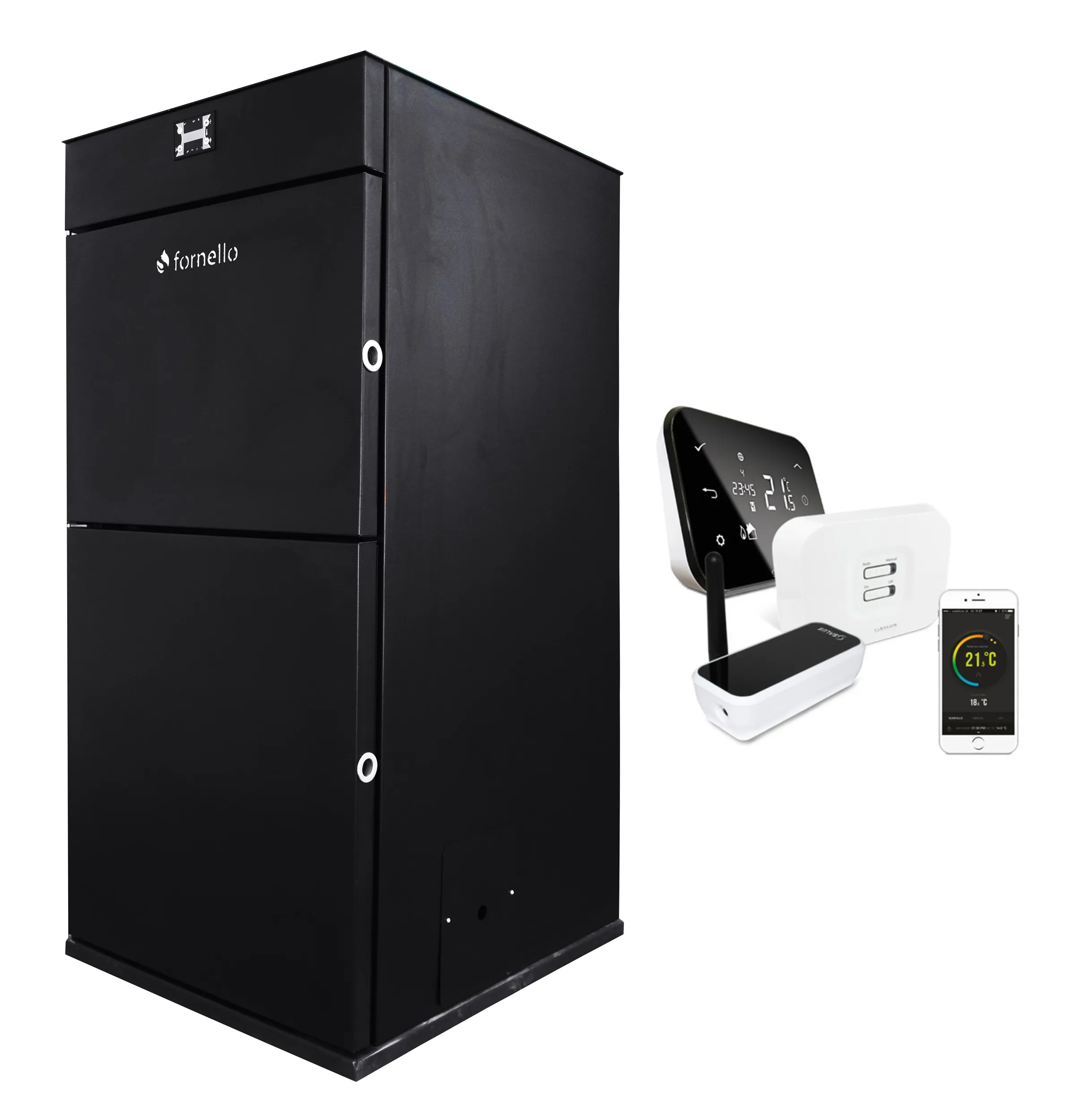 Pachet control de la distanta Centrala peleti Fornello Pellet King 25 kw, pompa, vas expansiune, telecomanda, buncar 70 kg, tiraj fortat, aprindere automata, curatare facila si si termostat Wi-Fi Salus IT 500