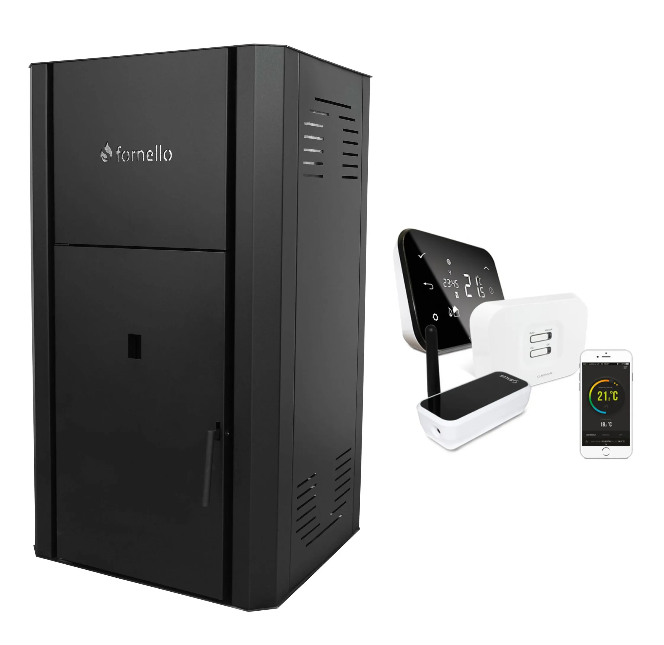 Pachet control de la distanta Centrala peleti Fornello Primo Pellet Black 25 kw, pompa, vas  expansiune,  automatizare , telecomanda , buncar peleti 30 kg,  tiraj fortat,  culoare neagra si termostat Wi-Fi Salus IT 500