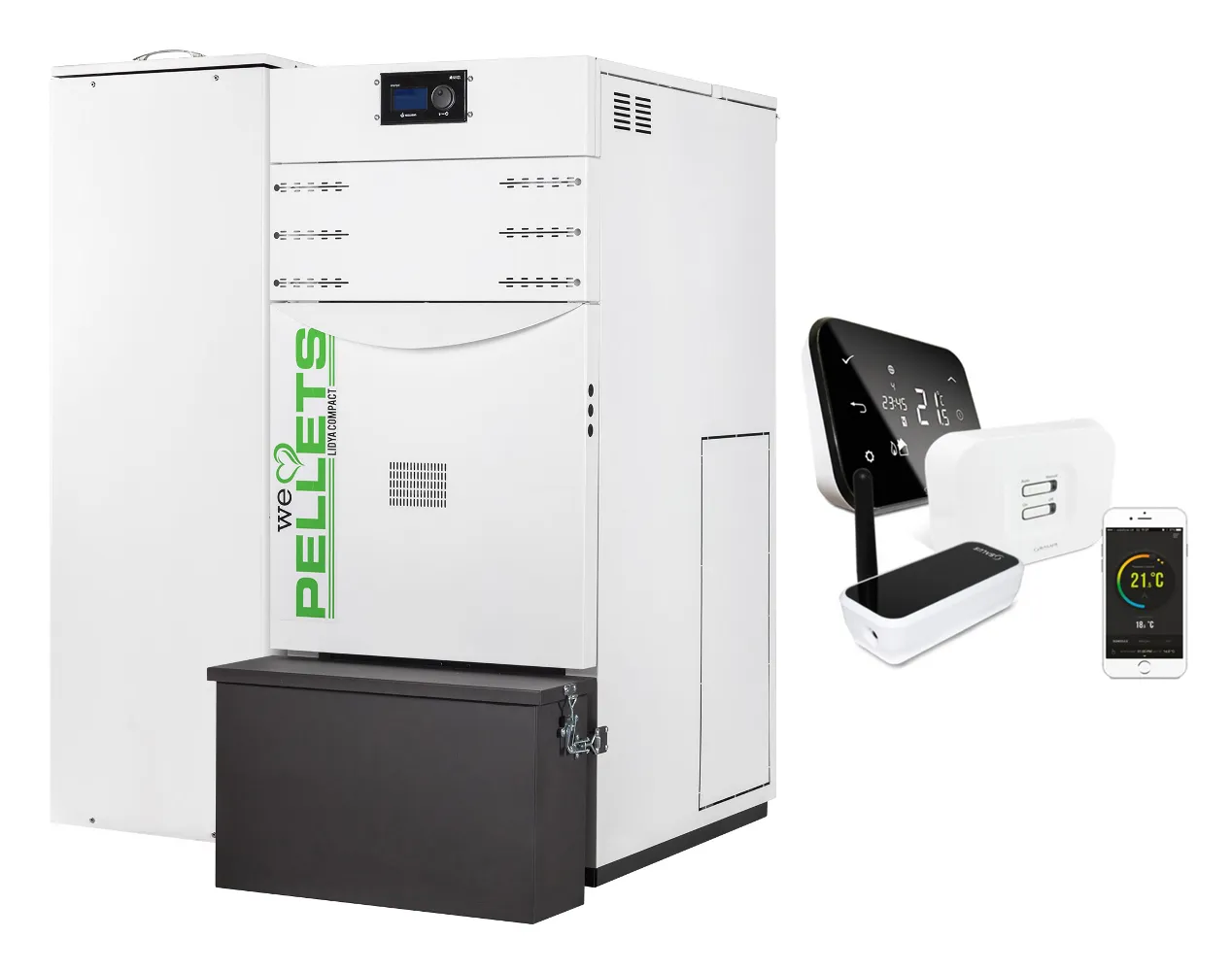 Pachet control de la distanta Centrala termica automata pe peleti Fornello Lidya Compact Prestige 25 kw,pompa Grundfos, vas, manometru, supapa, arzator inox, curatare automata arzator / schimbator de caldura si termostat Wi-Fi Salus IT 500